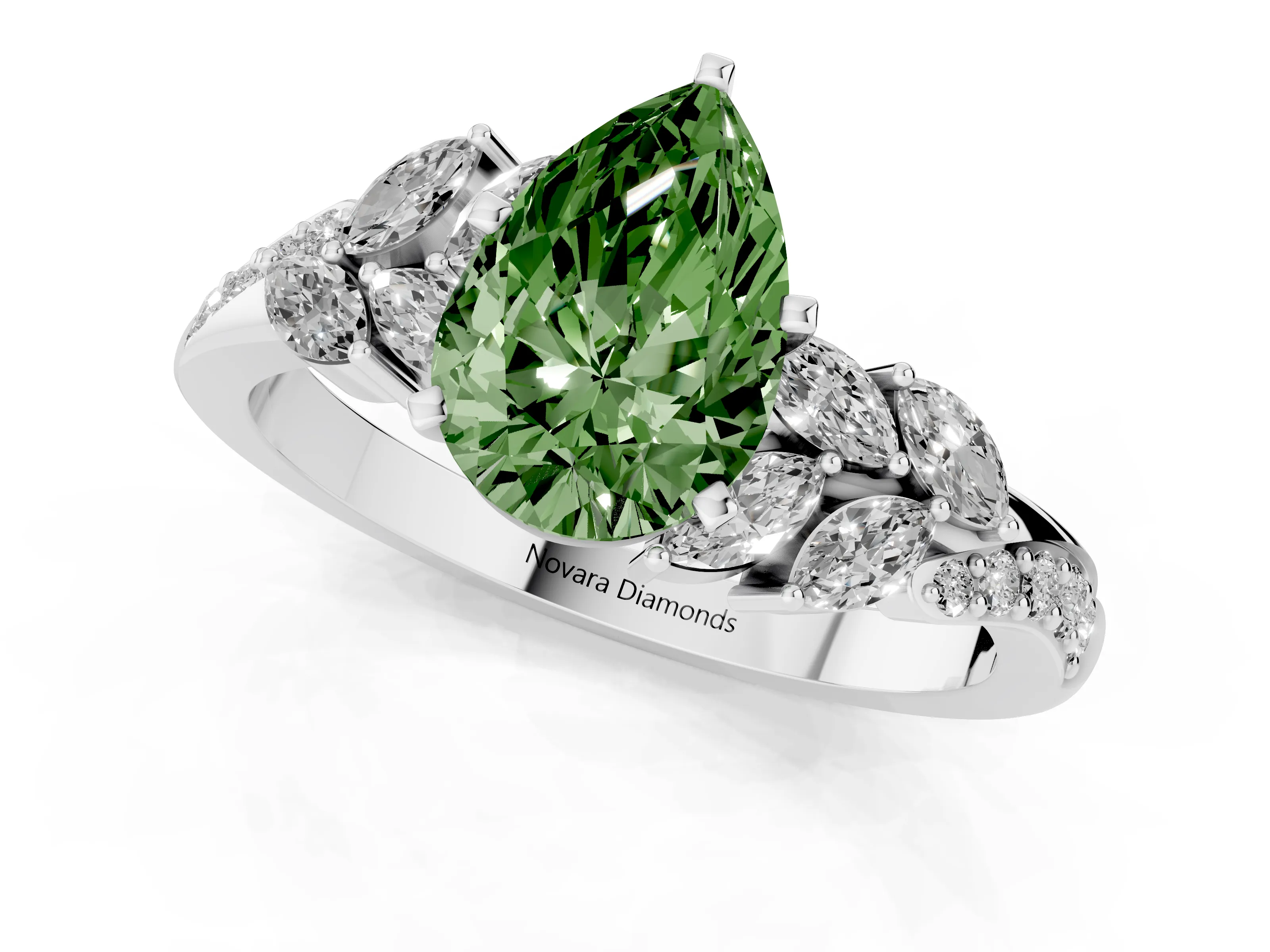 Fancy Green Pear Cut Diamond Solitaire Ring Set in Silver with Marquise Twist Band and Prong Setting