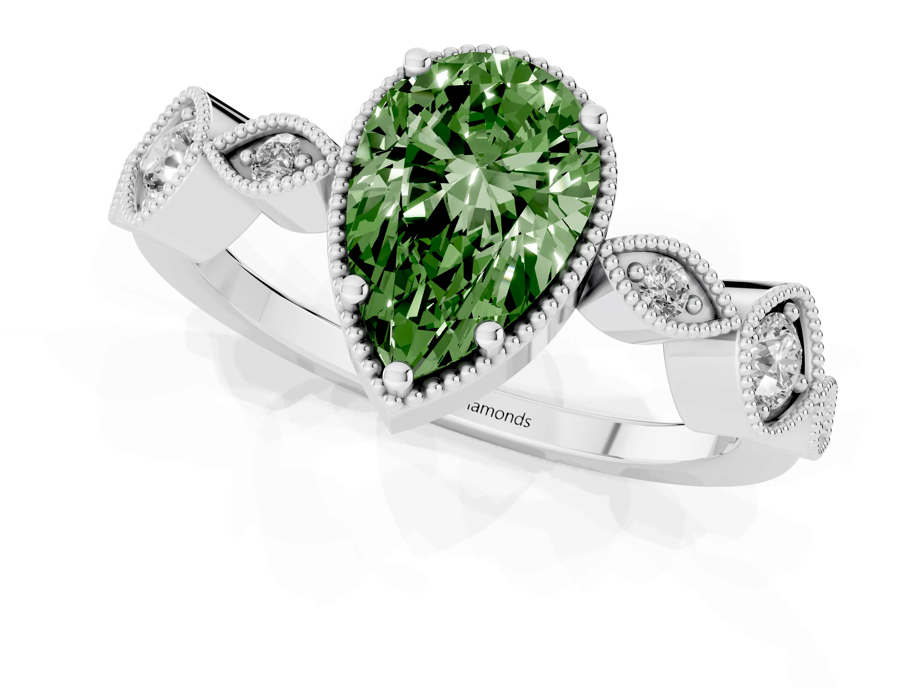Fancy Green Pear Cut Diamond Vintage-Inspired Milgrain Ring Set in Platinum with Marquise Stations of Round Accents