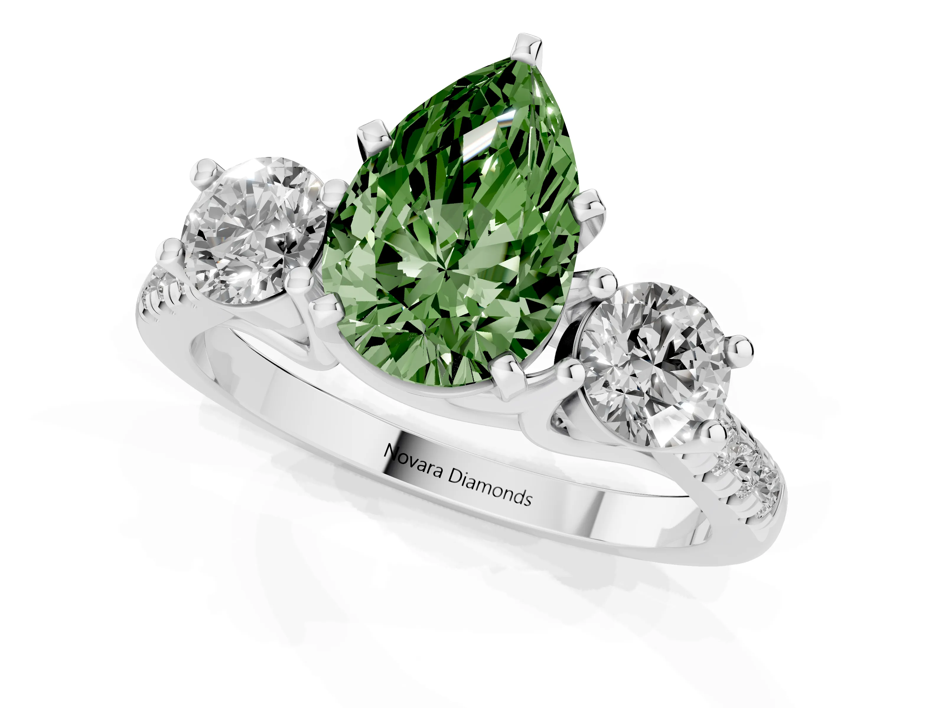 Fancy Green Three-Stone Pear Cut Diamond Pavé Band Ring Set in Silver with Prong-Set Trio