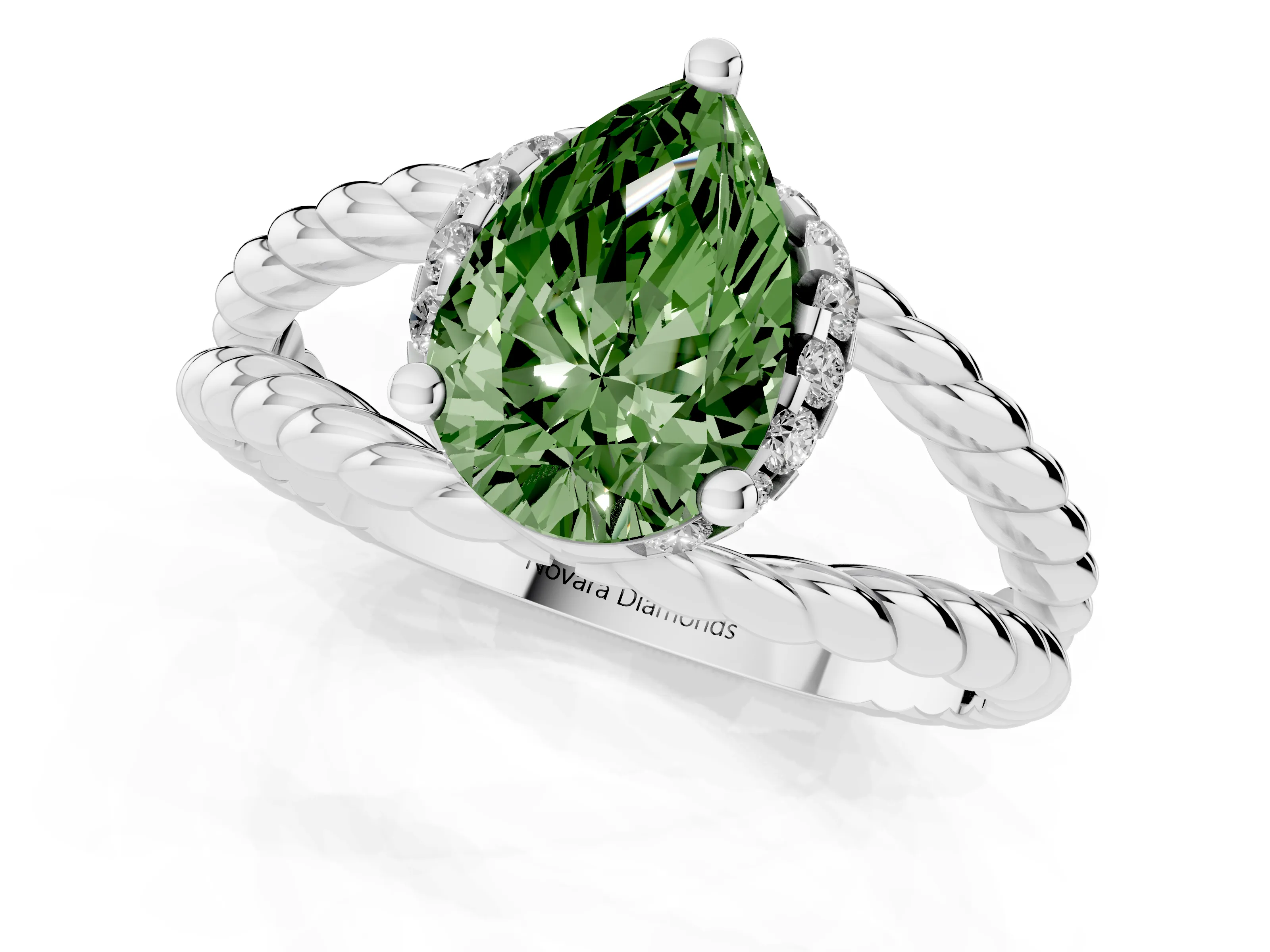Fancy Green Pear Cut Diamond Halo Ring Set in White gold with Twisted Band and Prong Setting