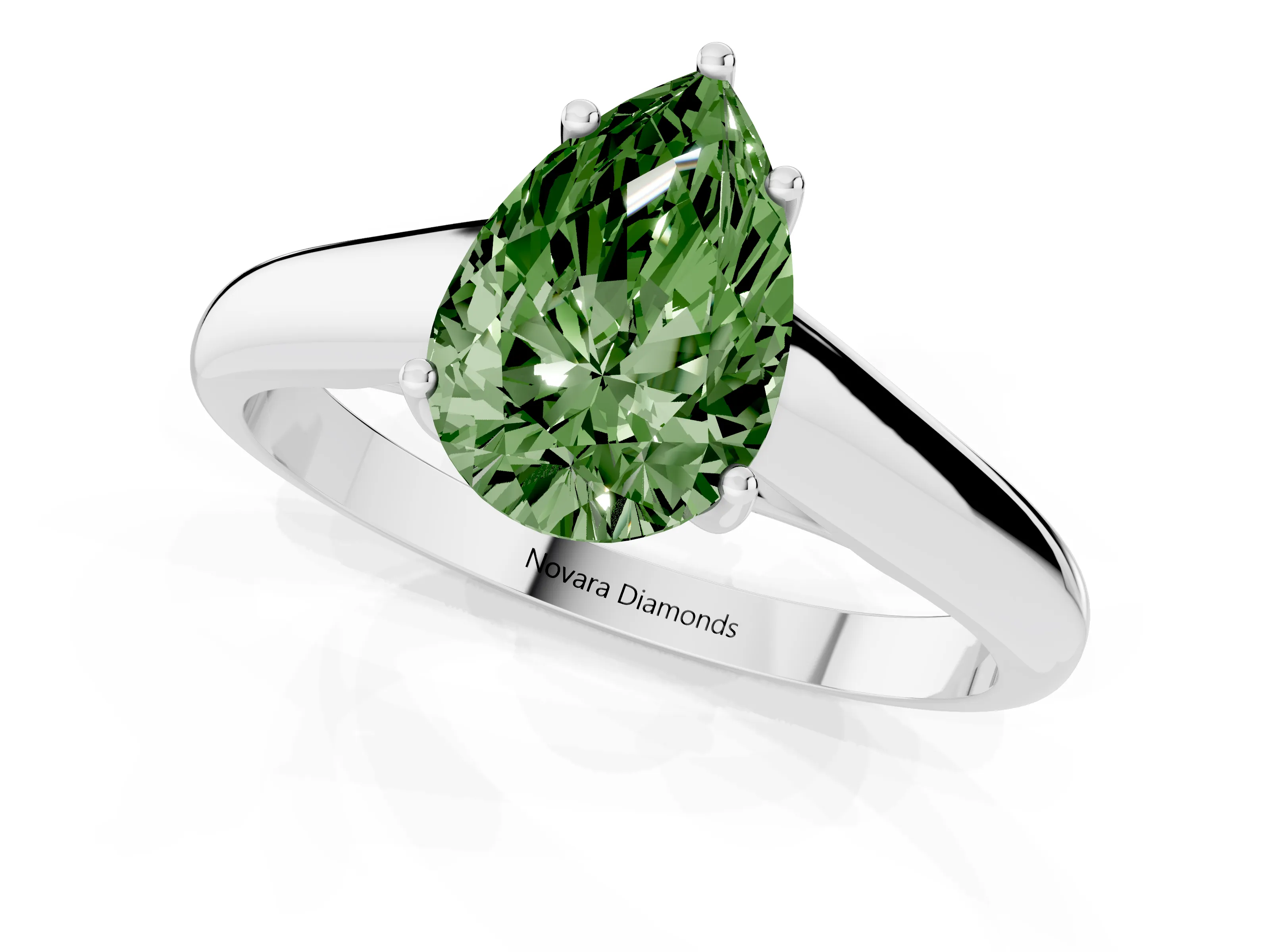 Fancy Green Pear Cut Diamond Solitaire Engagement Ring Set in White gold with Subtly Tapered Band and Prong Setting