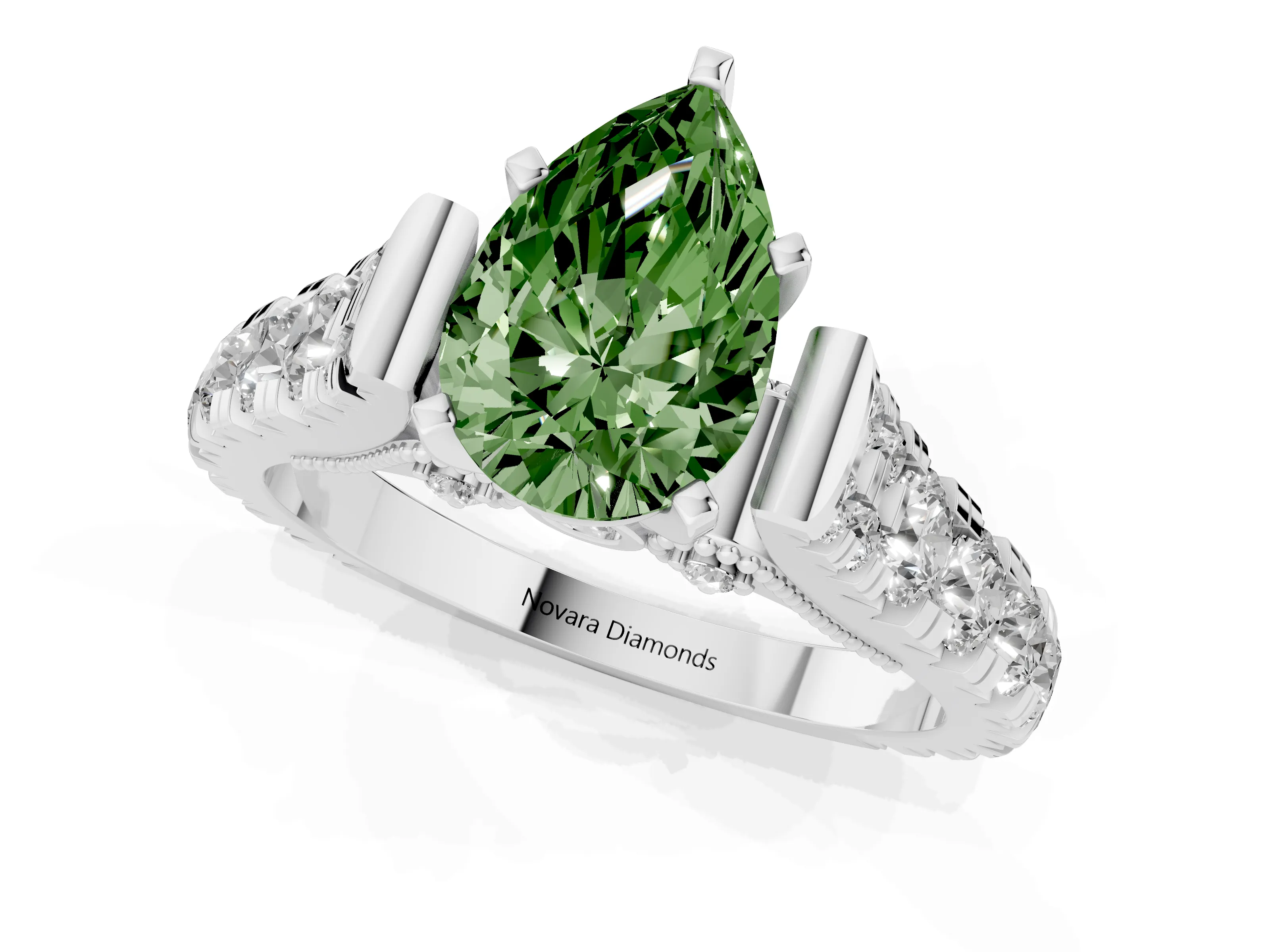 Fancy Green Pear Cut Diamond Classic Solitaire Ring Set in Platinum with Pavé Band and Prong Setting