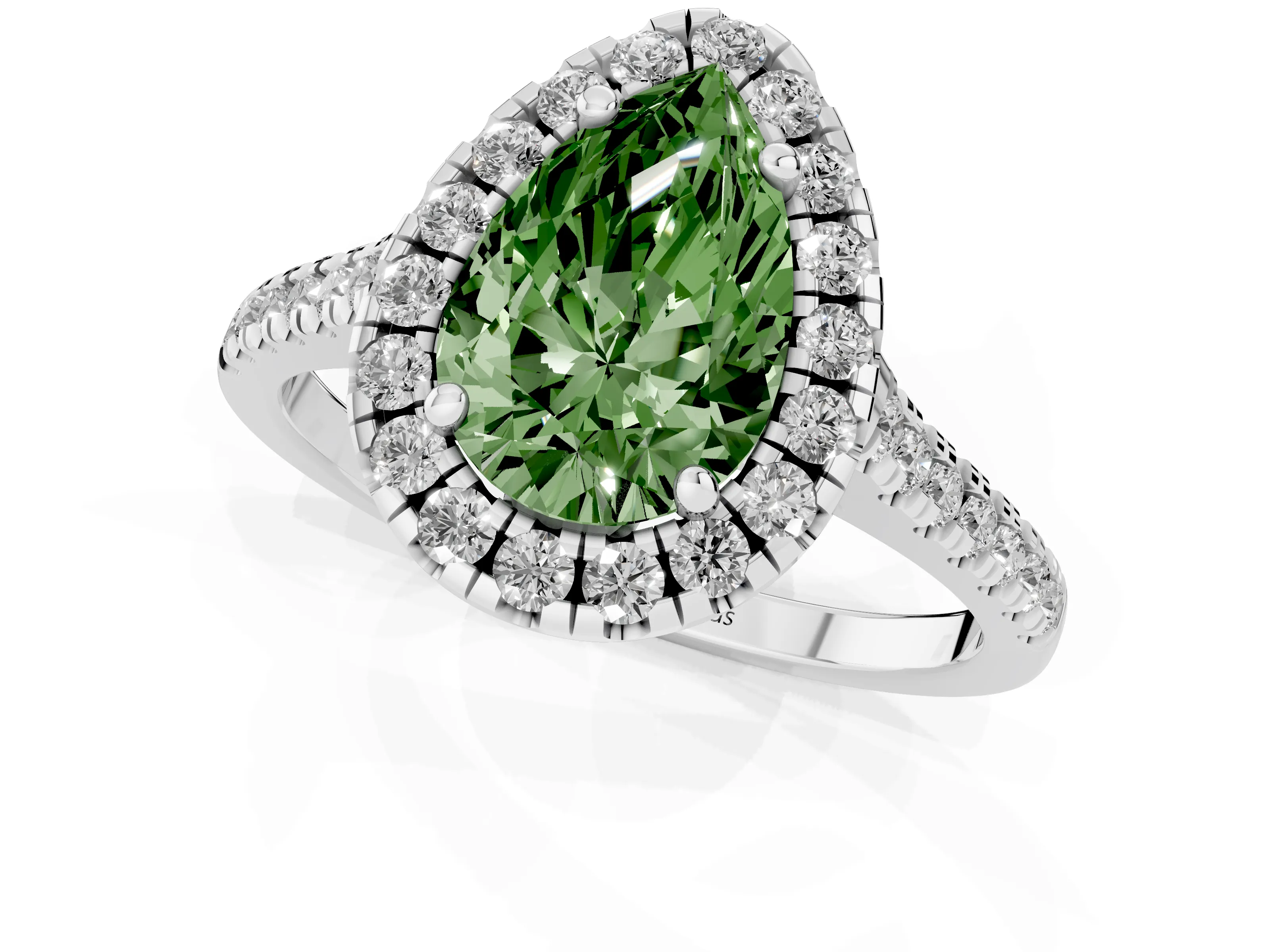 Fancy Green Pear Cut Diamond Cushion Halo Ring Set in White gold with Pavé Band