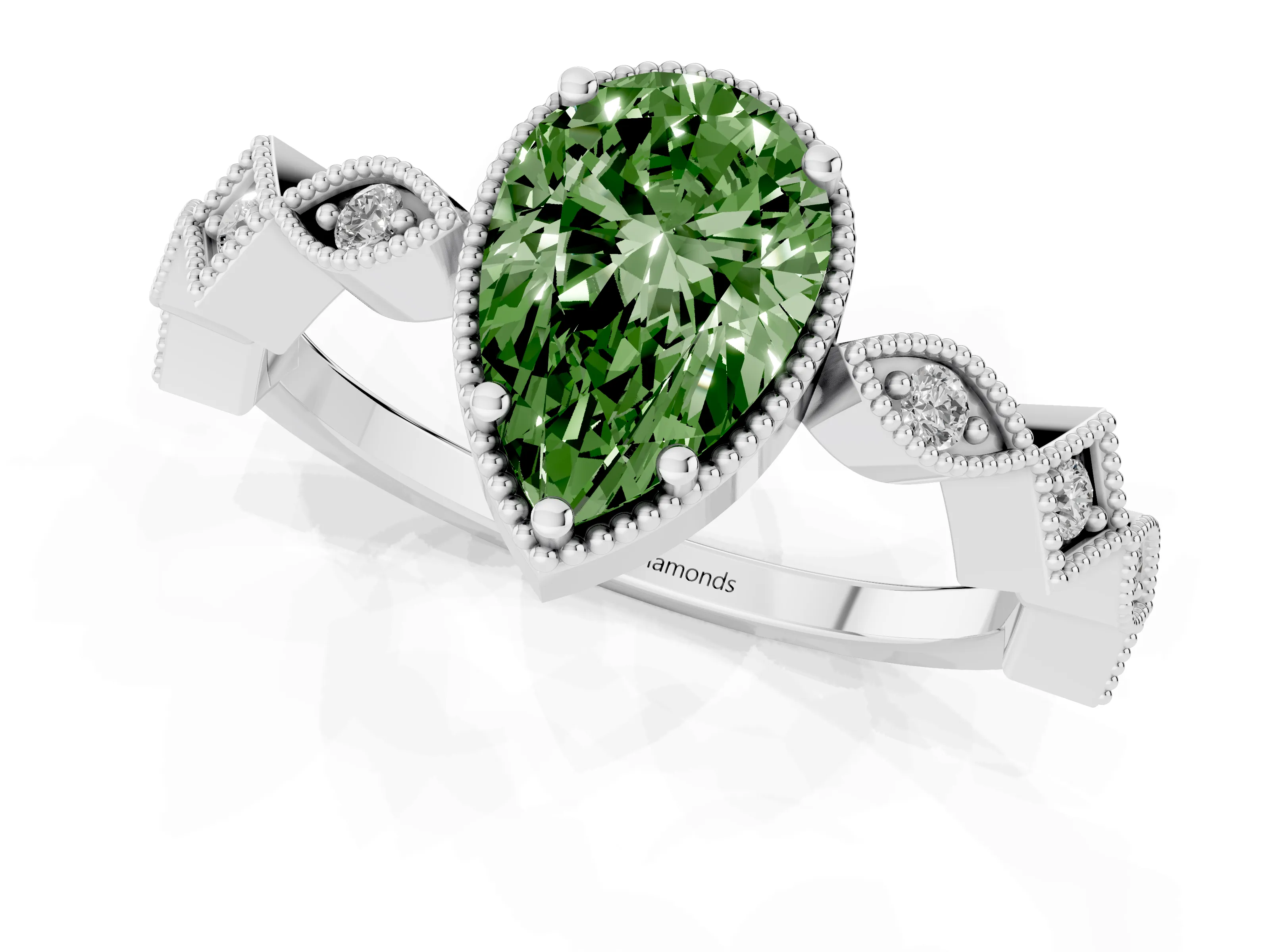 Fancy Green Pear Cut Diamond Milgrain Marquise Twist Band Ring Set in White gold with Prong Setting