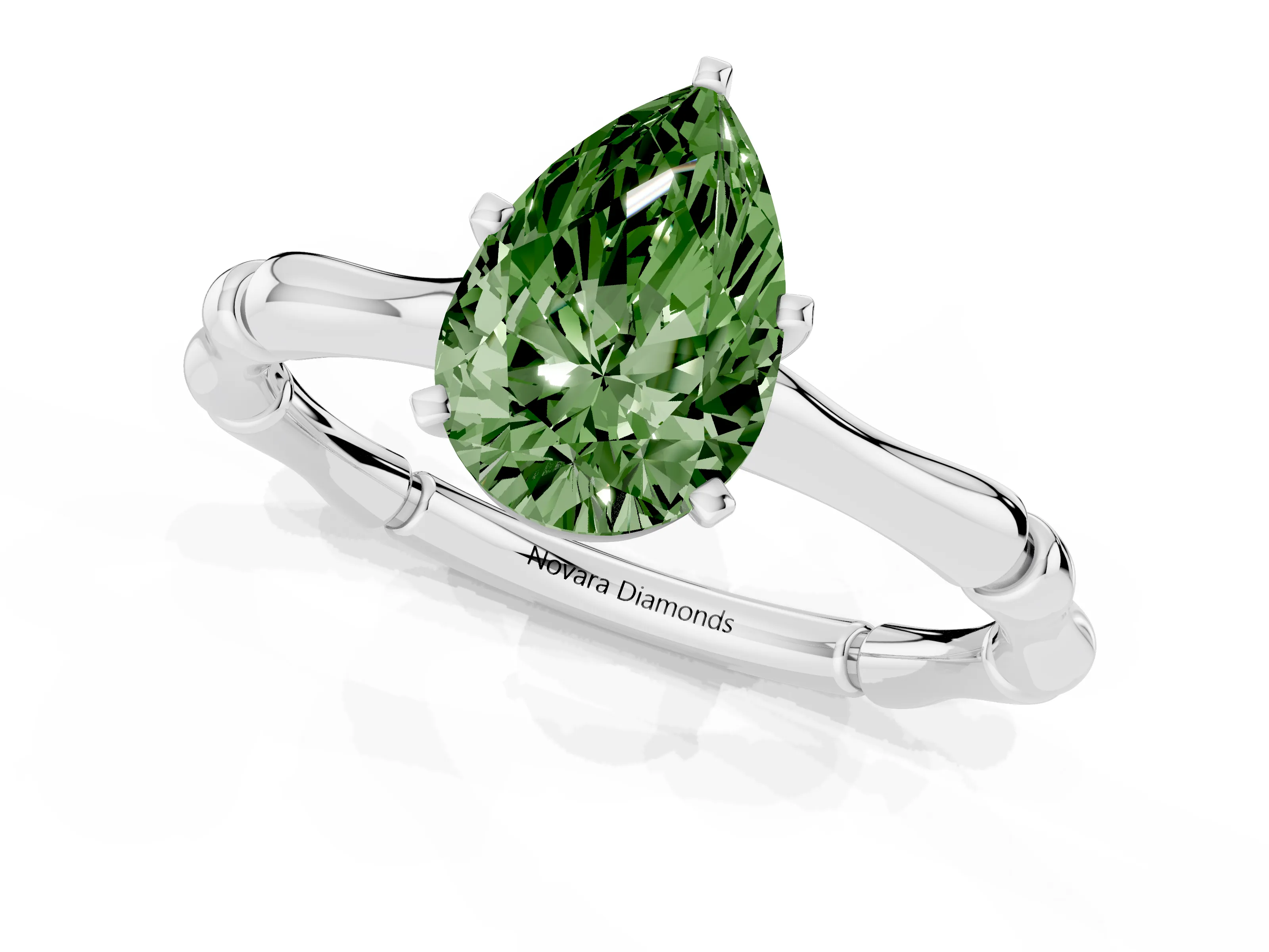Fancy Green Pear Cut Diamond Solitaire Ring Set in Silver with Bamboo Band and Prong Setting