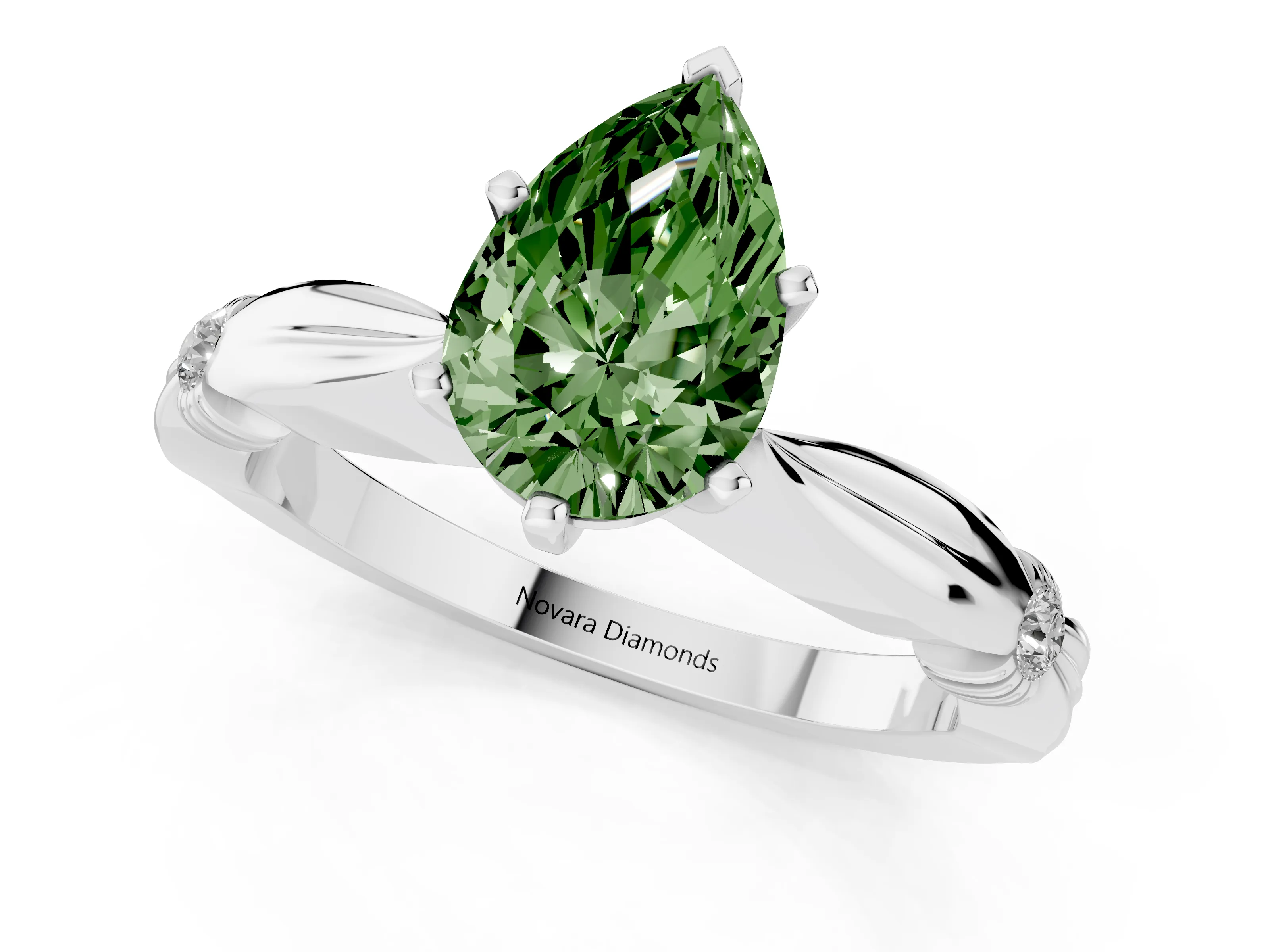 Fancy Green Pear Cut Diamond Solitaire Twisted Band Ring Set in Platinum with Accent Stones and Prong Setting – second view