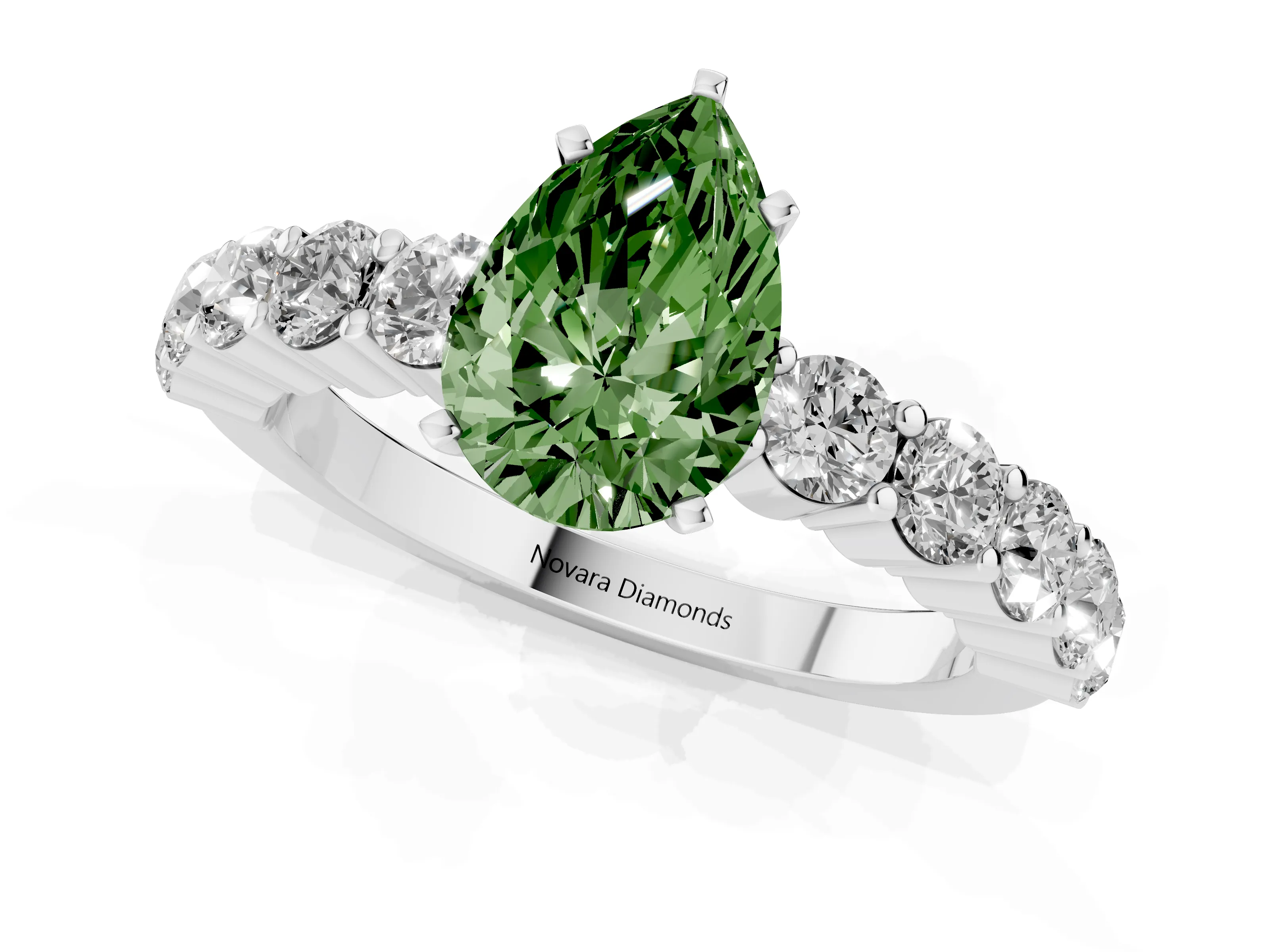 Fancy Green Pear Cut Diamond Solitaire Ring Set in White gold with Shared Prong Round Side Stones