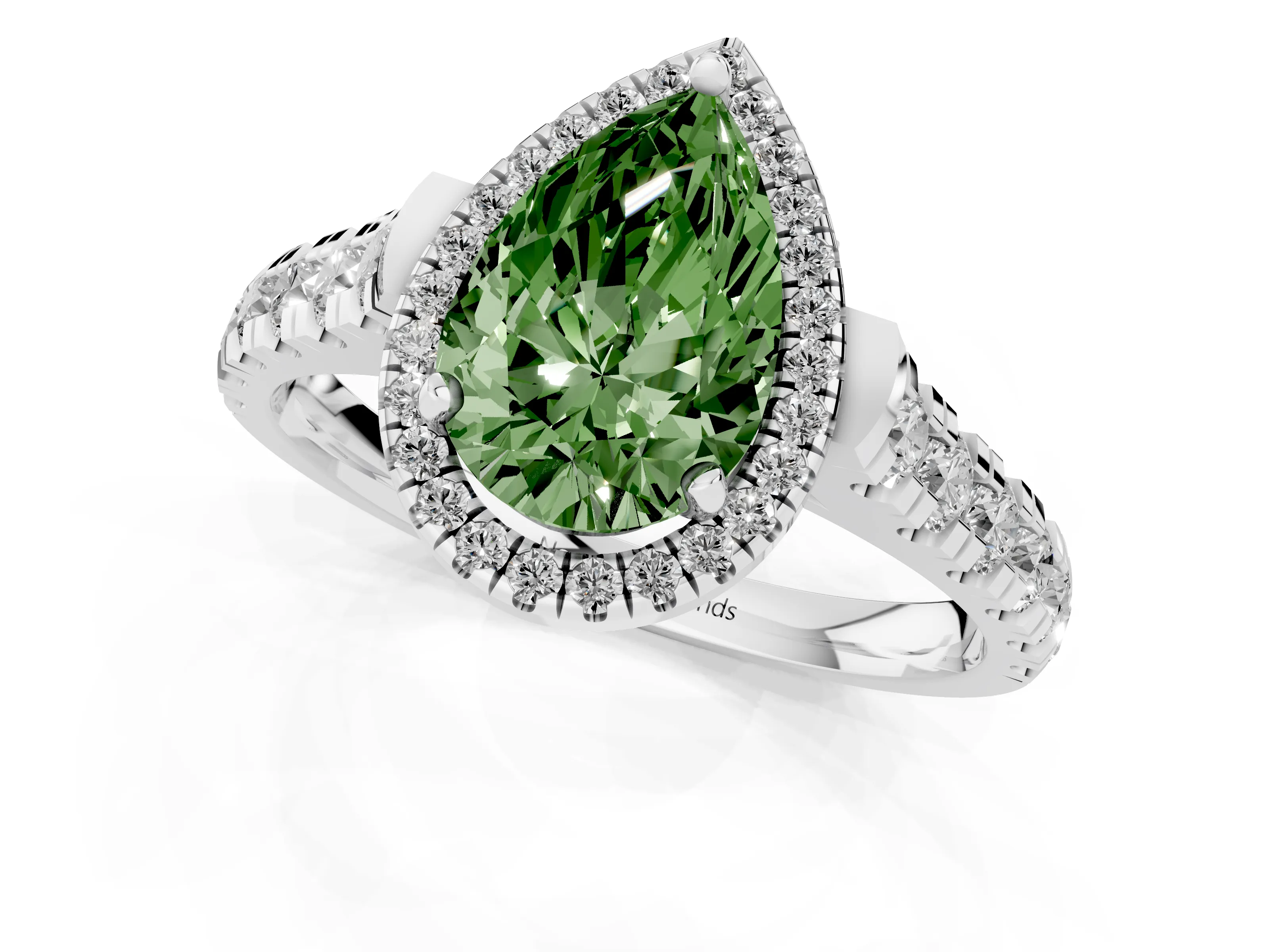 Fancy Green Pear Cut Diamond Halo Engagement Ring Set in Silver with Pavé Band and Prong-Set Center