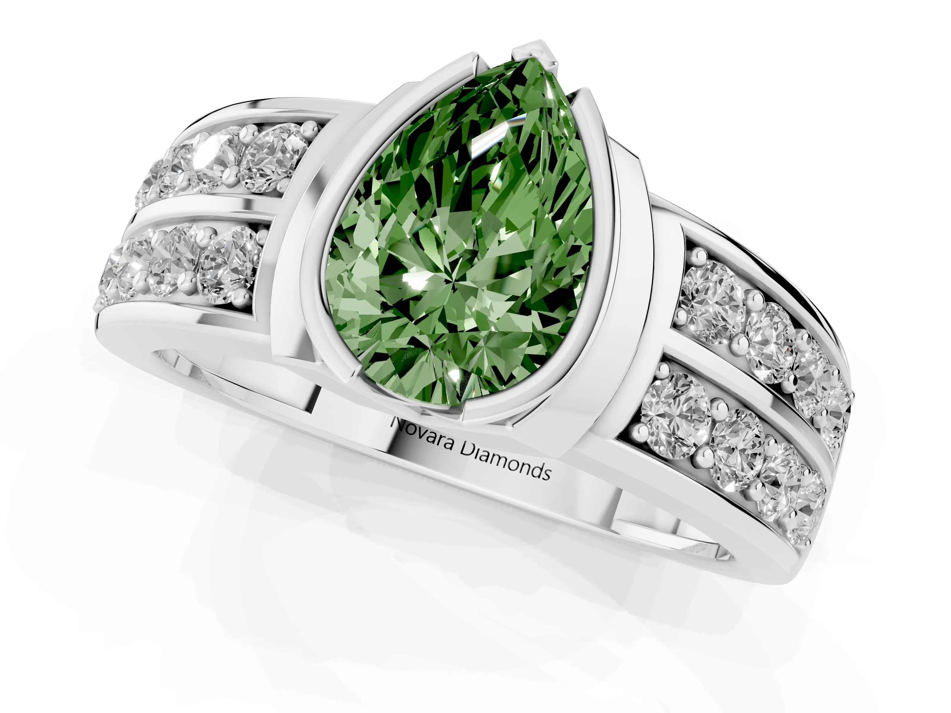 Fancy Green Pear Cut Diamond Wide Channel Set Band Ring Set in Silver with Bezel Setting