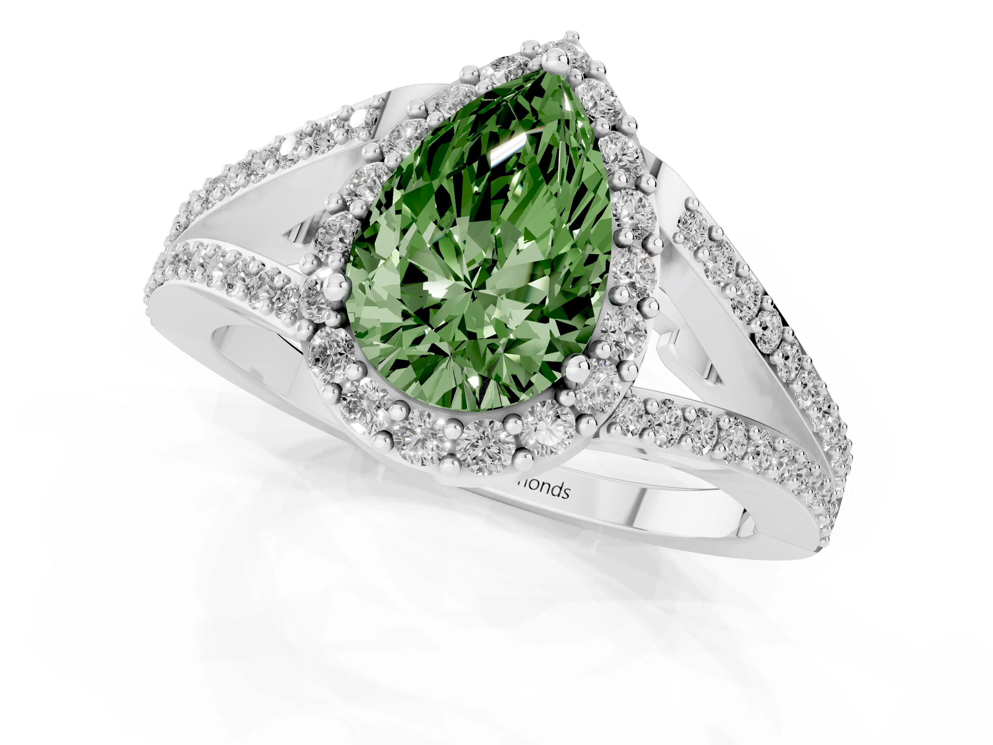 Fancy Green Pear Cut Diamond Halo Split Shank Pavé Ring Set in Silver with Prong Setting