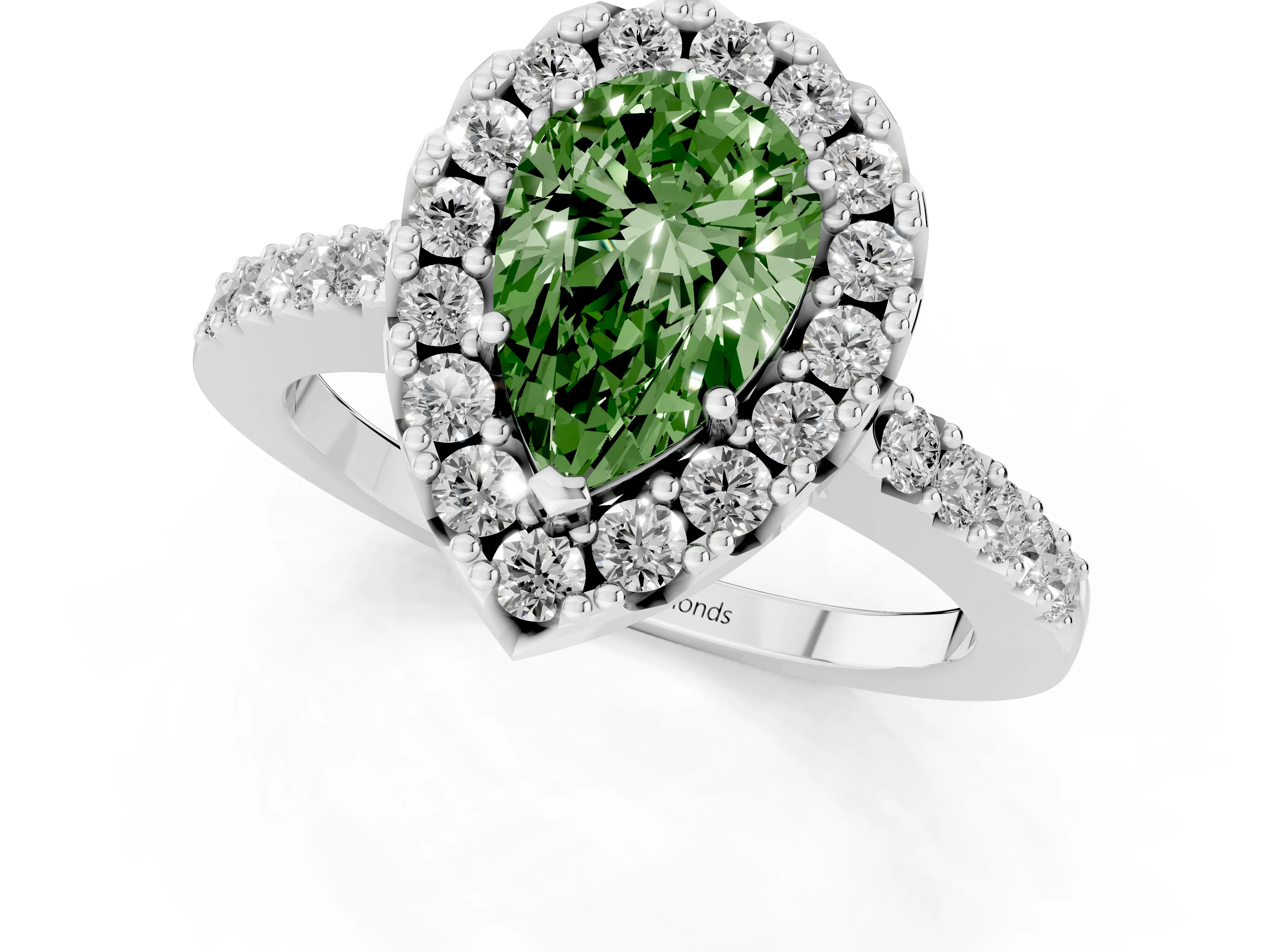 Fancy Green Pear Cut Diamond Halo Pavé Solitaire Ring Set in White gold with Prong-Set Center Stone