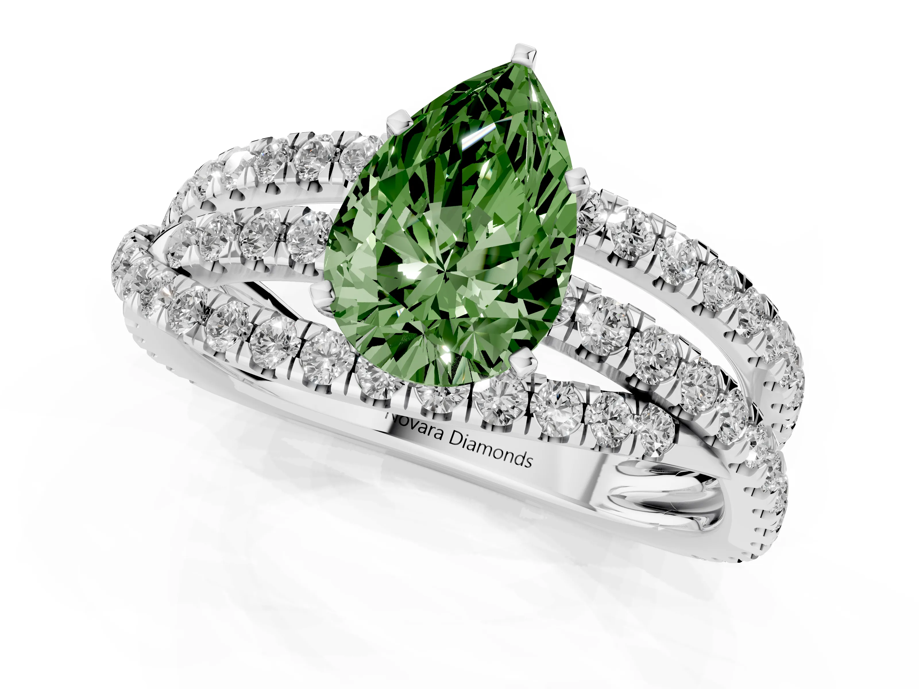 Fancy Green Pear Cut Diamond Solitaire Twist Band Ring Set in Platinum with Pavé Setting and Prong Head