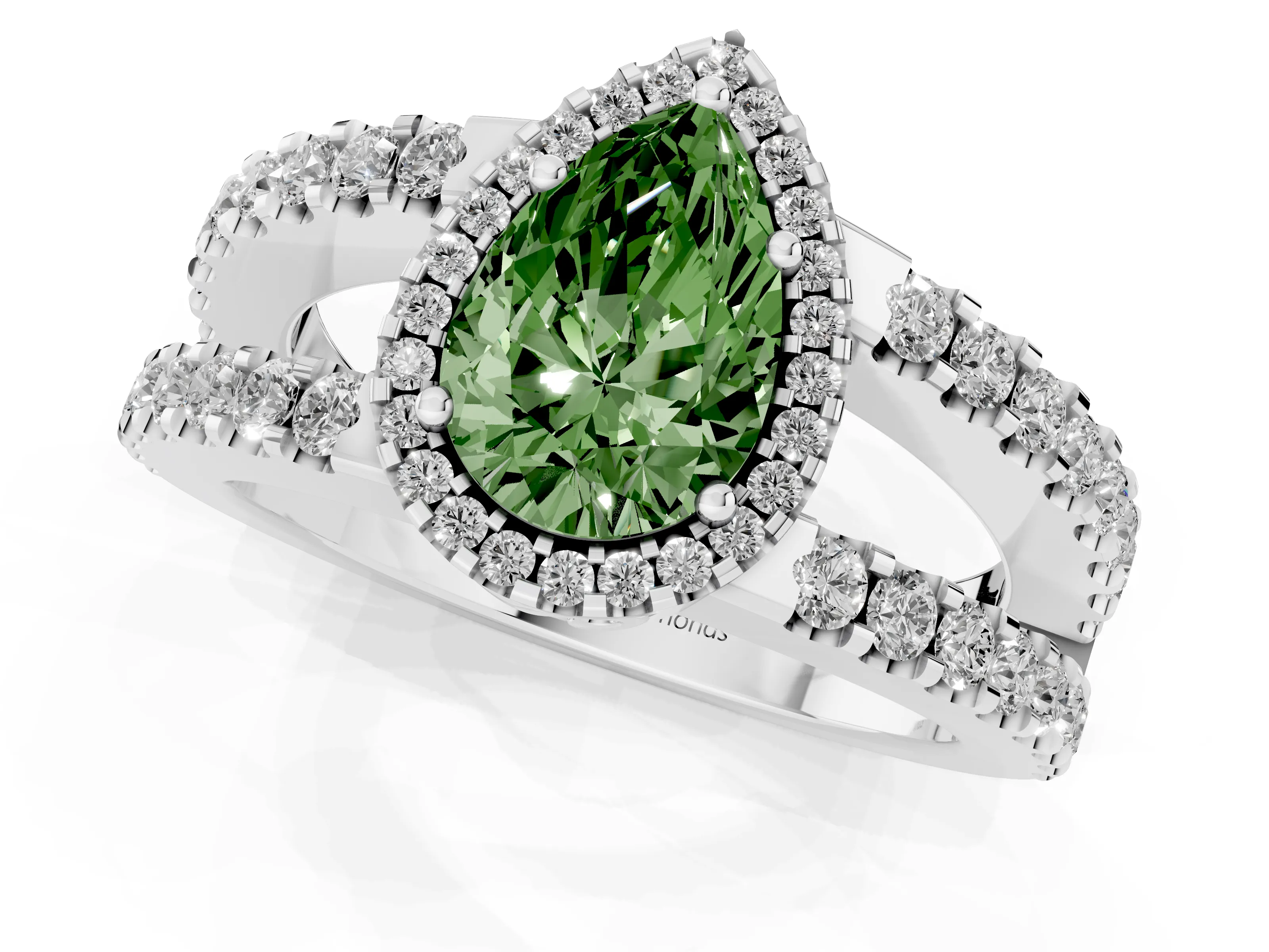 Fancy Green Pear Cut Diamond Halo Ring Set in Platinum with Pavé Split Shank and Prong Setting