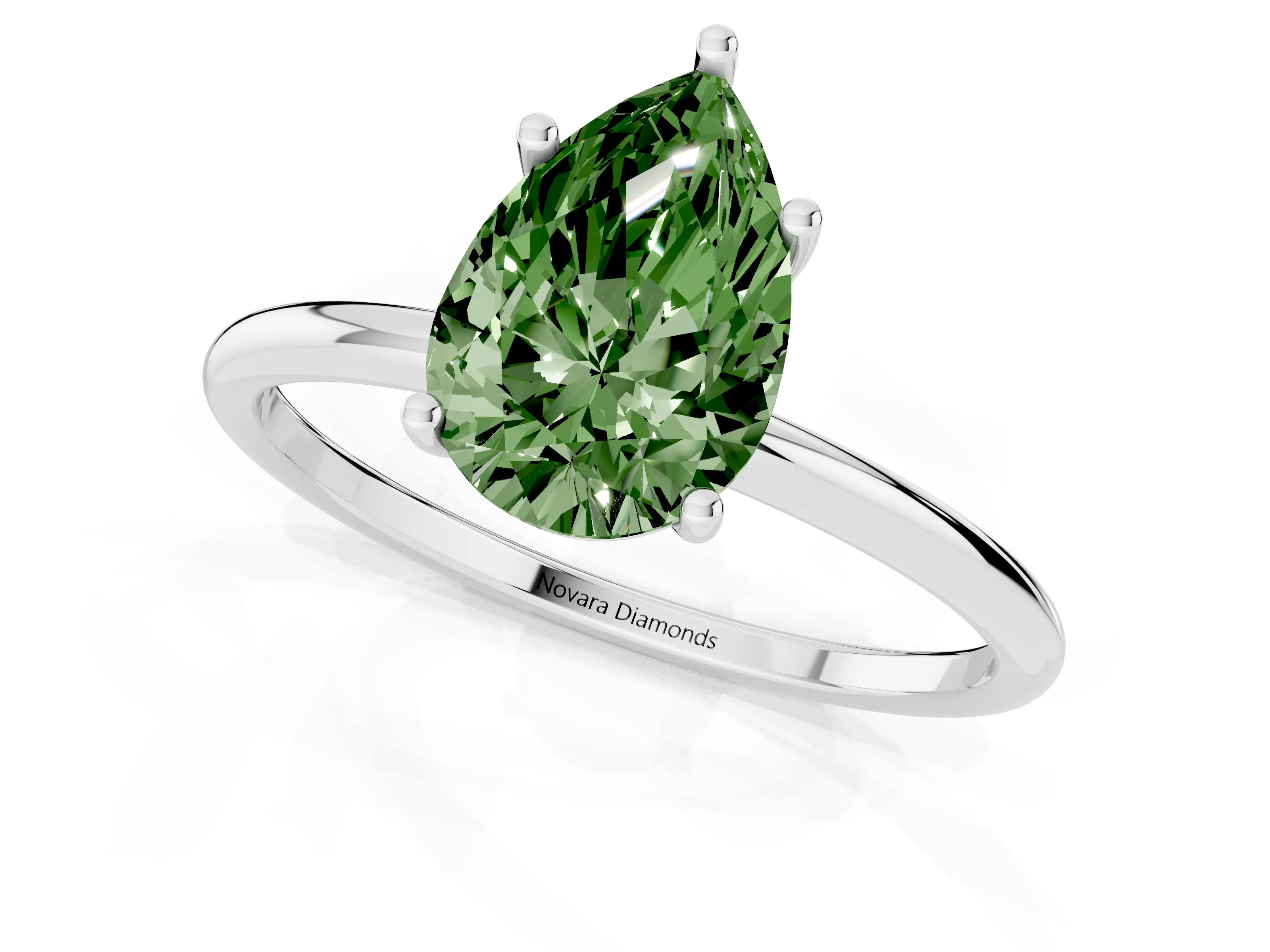 Fancy Green Pear Cut Diamond Solitaire Engagement Ring Set in Platinum with Thin Band and Prong Setting – second view