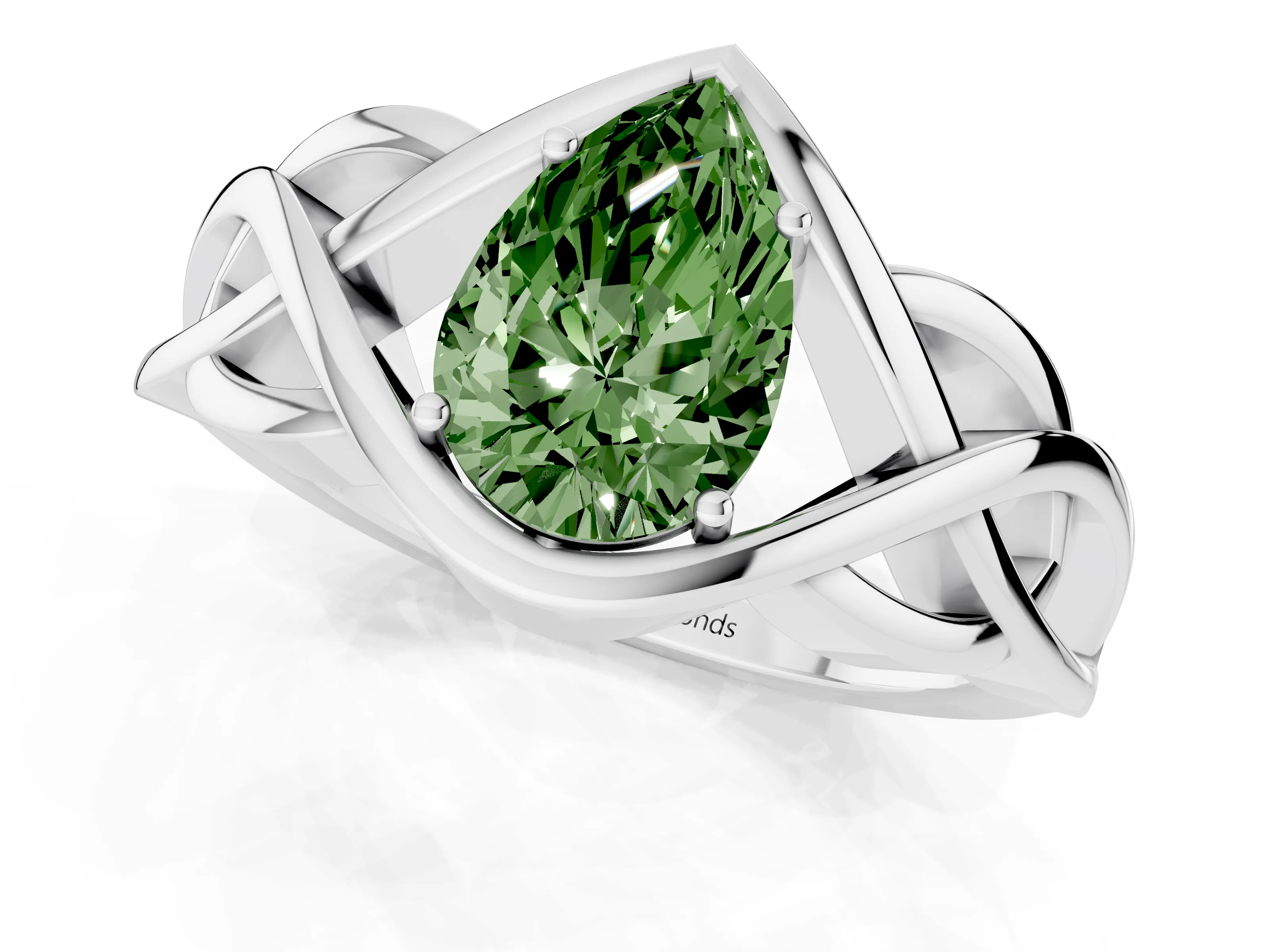 Fancy Green Pear Cut Diamond Solitaire Ring Set in Platinum with Intertwined Band