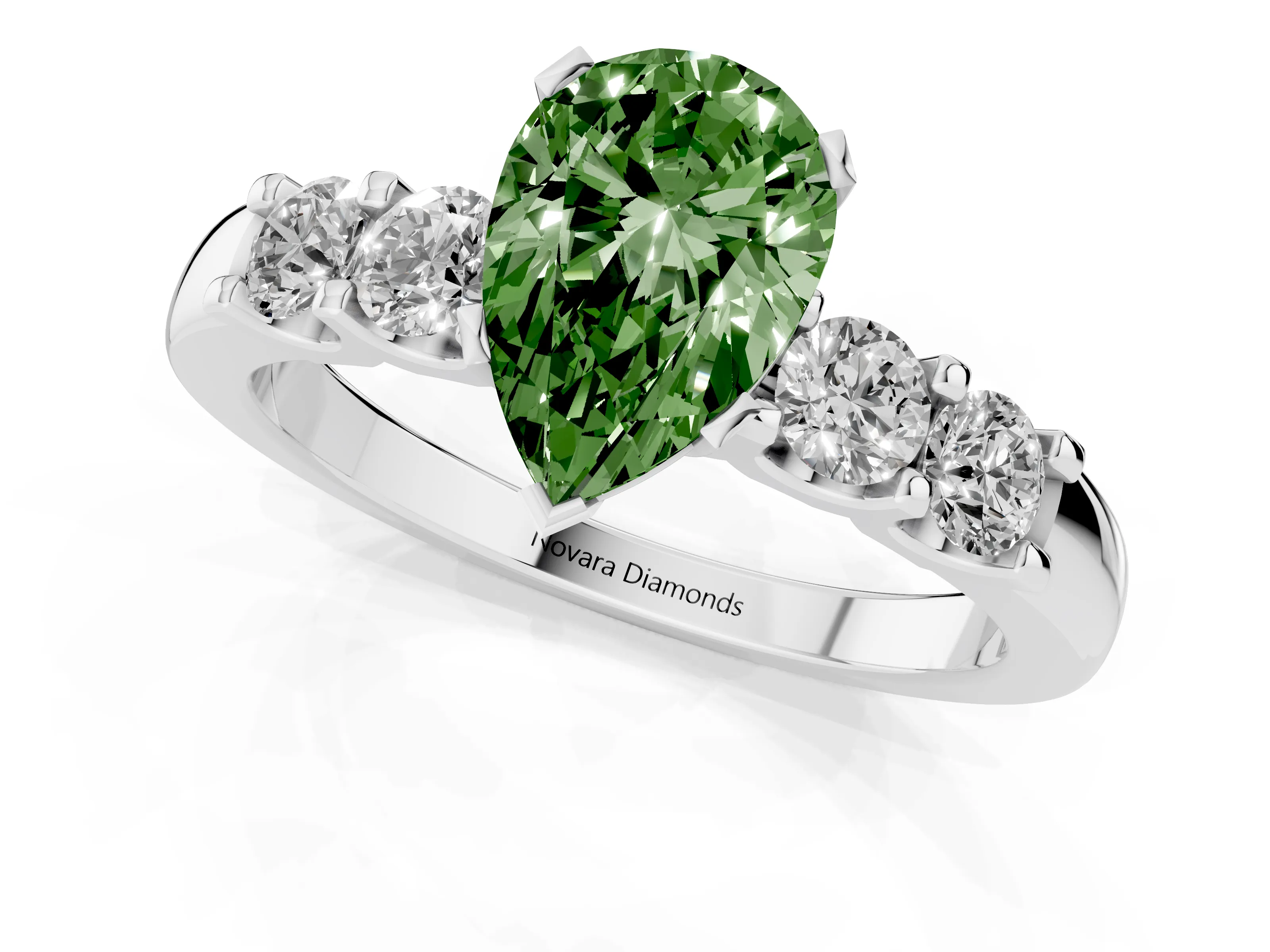 Fancy Green Pear Cut Diamond Five-Stone Prong Set Engagement Ring Set in Platinum with Channel Band