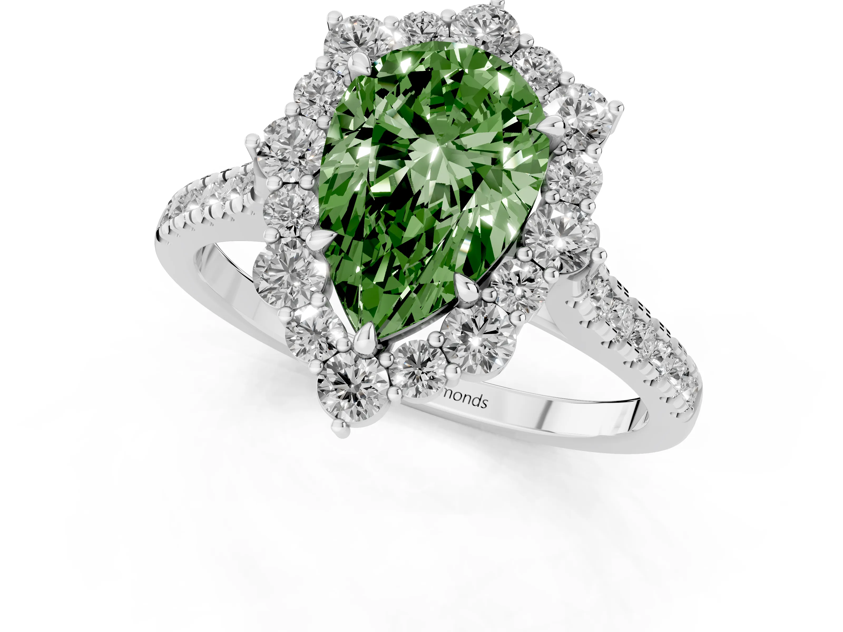 Fancy Green Pear Cut Diamond Halo Ring Set in Platinum with Pavé Band and Prong Setting