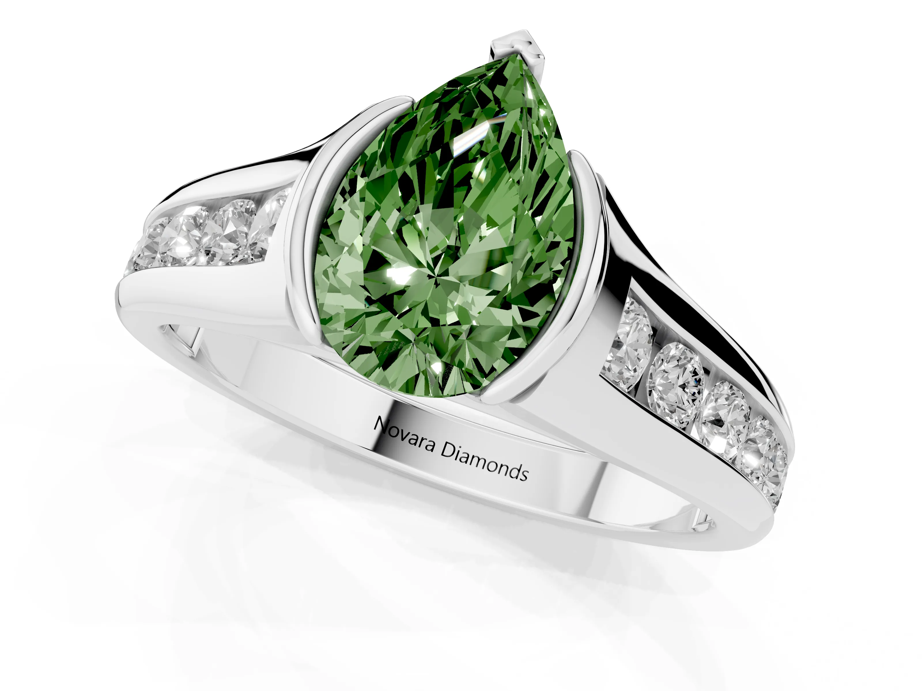 Fancy Green Pear Cut Diamond Bezel-Set Solitaire Ring Set in Silver with Channel-Set Band