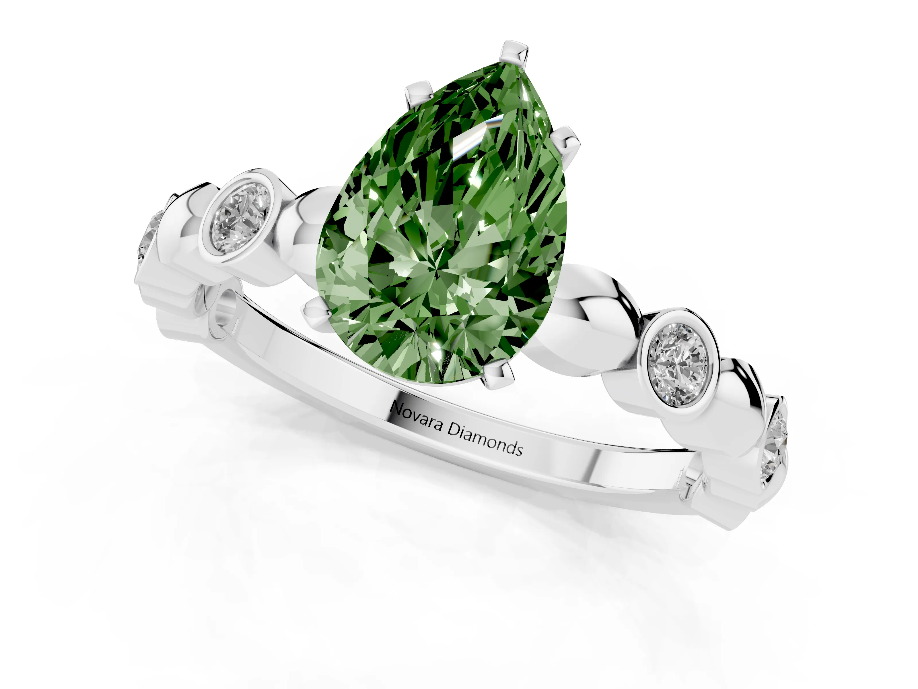Fancy Green Pear Cut Diamond Solitaire Ring Set in Silver with Bezel-Set Accents on Beaded Band and Prong Setting