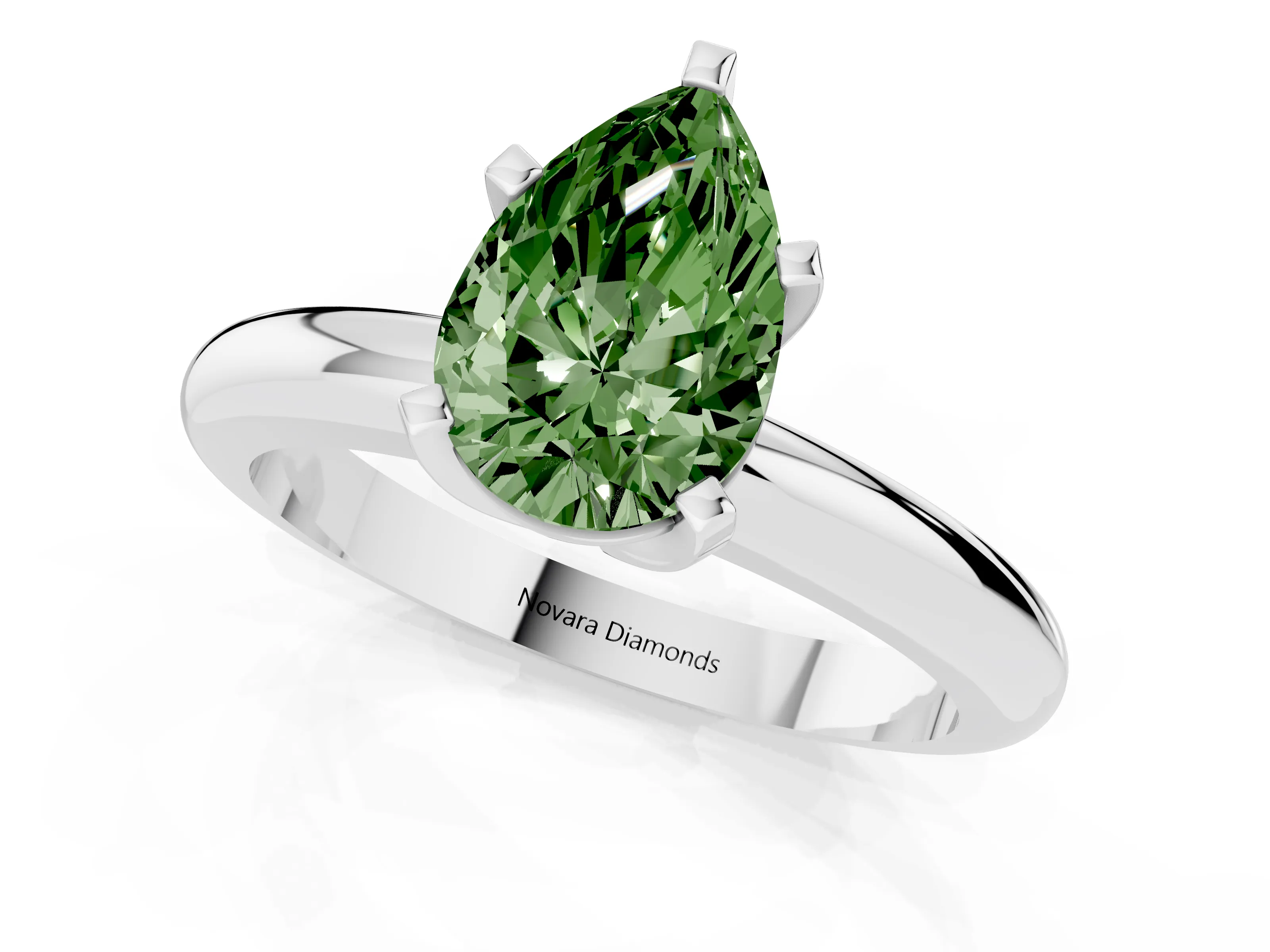 Fancy Green Pear Cut Diamond Solitaire Engagement Ring Set in Platinum with Round Band and Prong Setting
