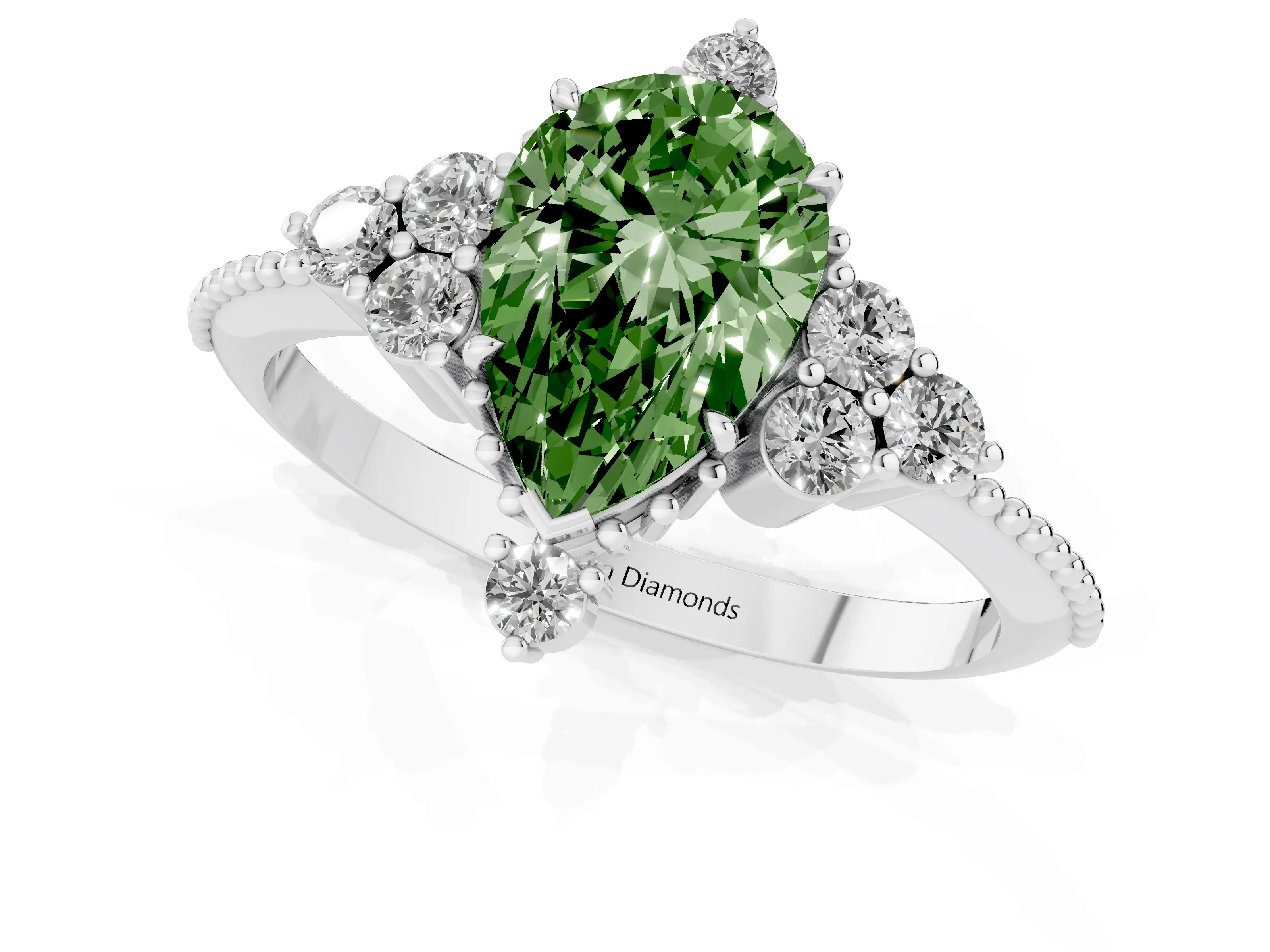Fancy Green Pear Cut Diamond Cluster Ring Set in Silver with Beaded Band