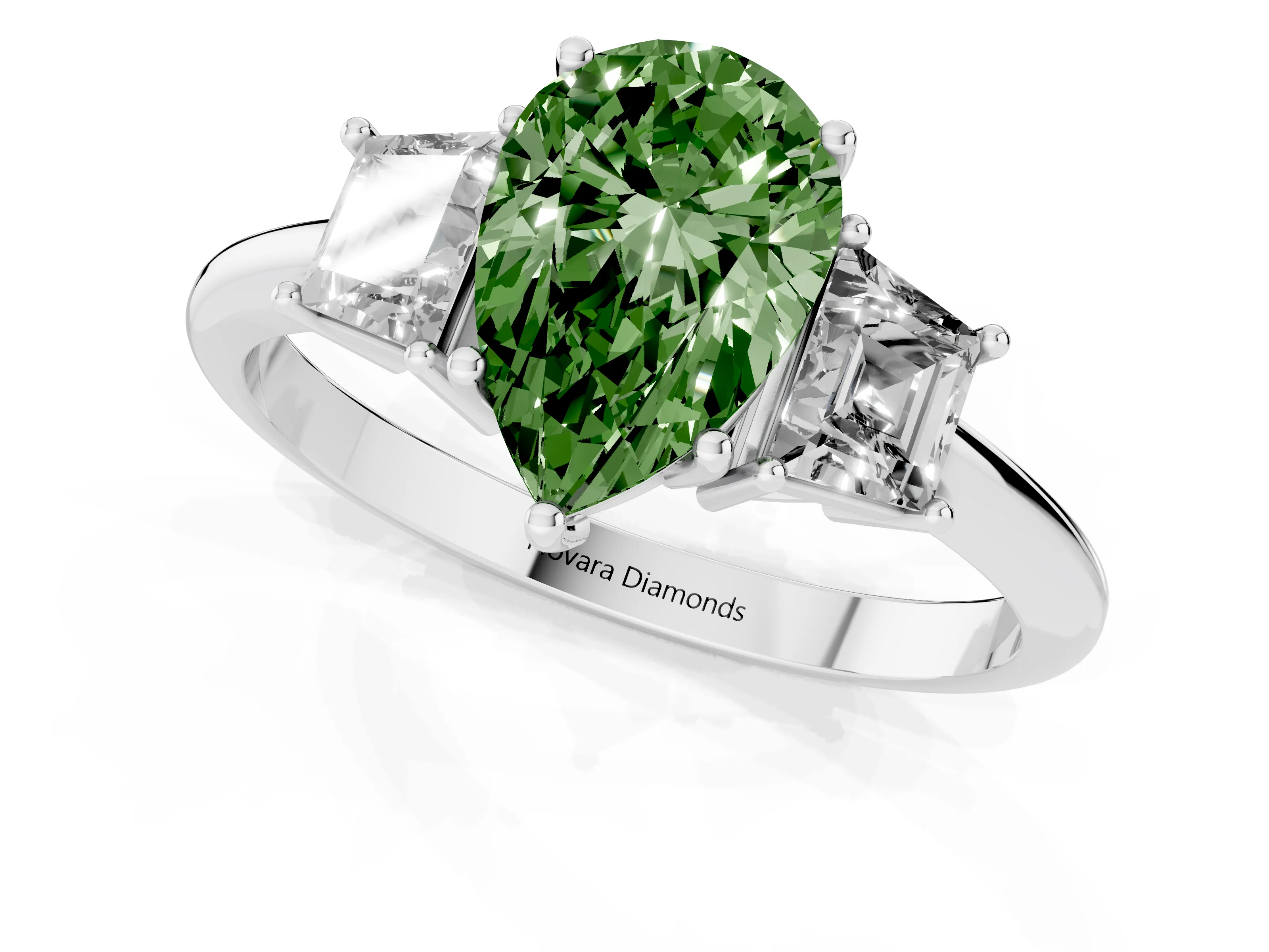 Fancy Green Pear Cut Diamond Three-Stone Ring Set in White gold with Trapezoid Side Stones and Prong Setting
