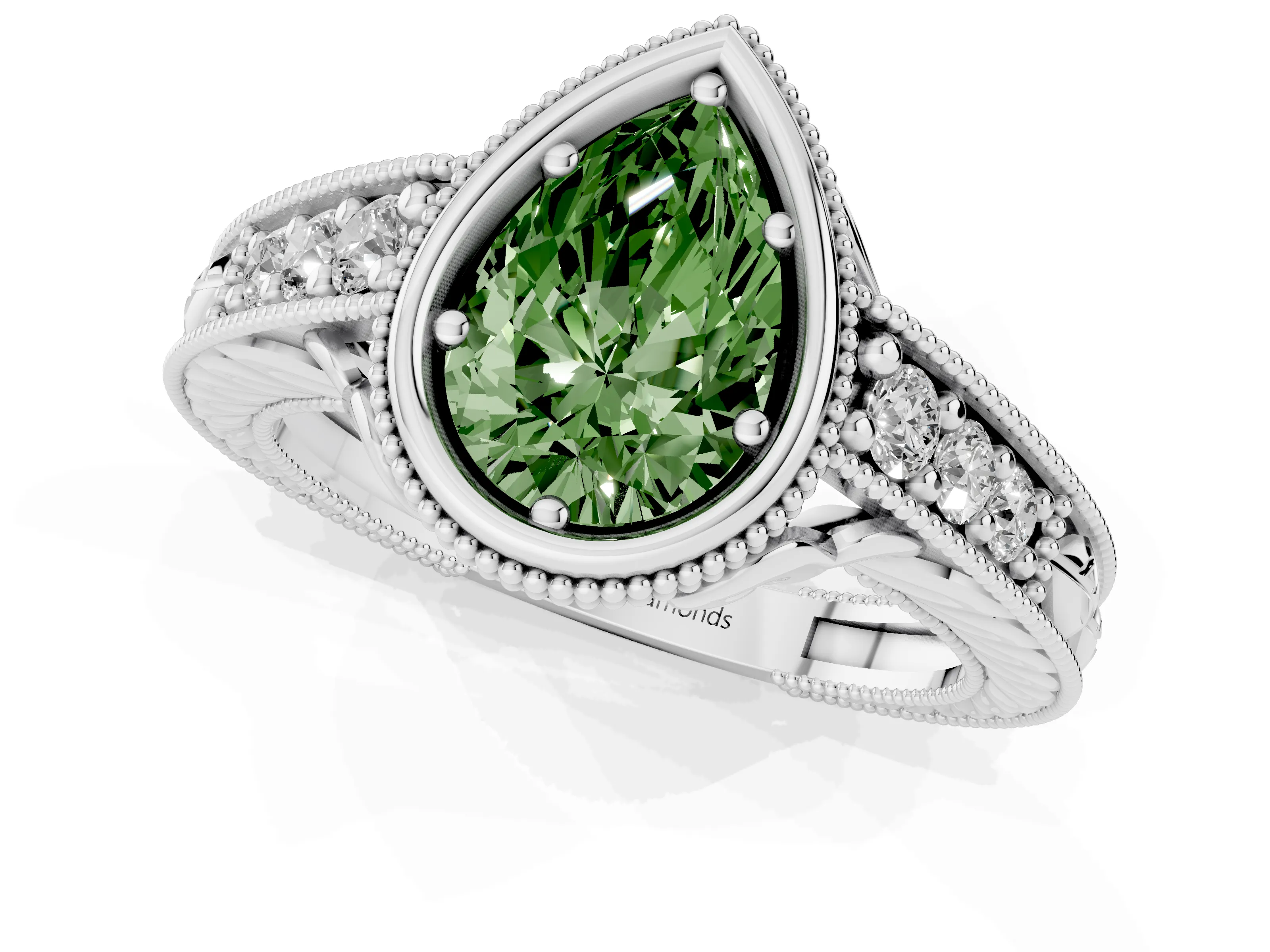 Fancy Green Bezel Set Pear Cut Diamond Milgrain Pavé Engagement Ring Set in White gold