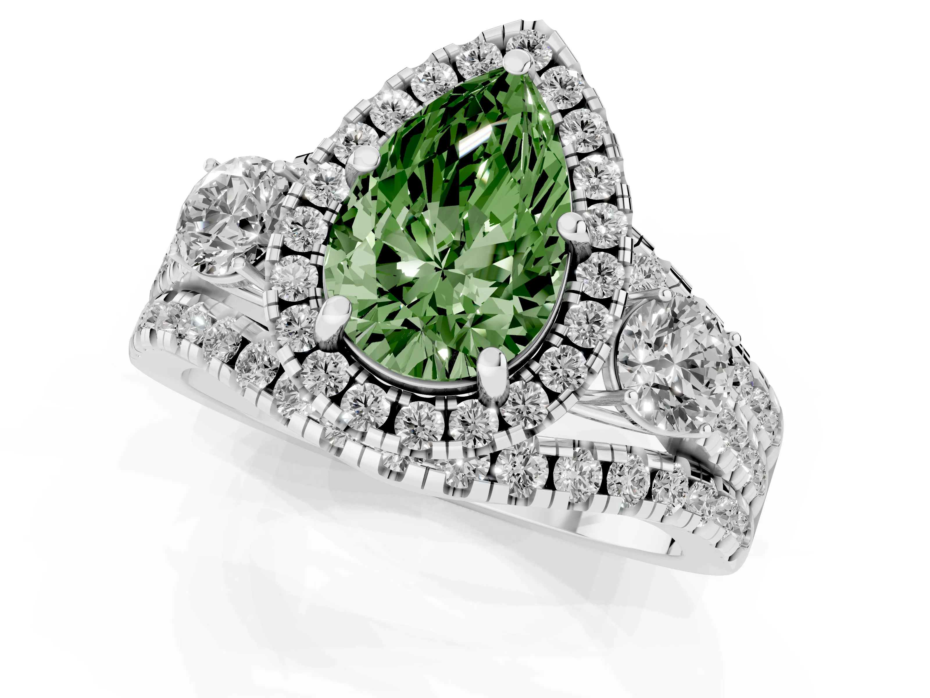 Fancy Green Pear Cut Diamond Halo Split Shank Ring Set in White gold with Round Accent Stones and Prong Setting