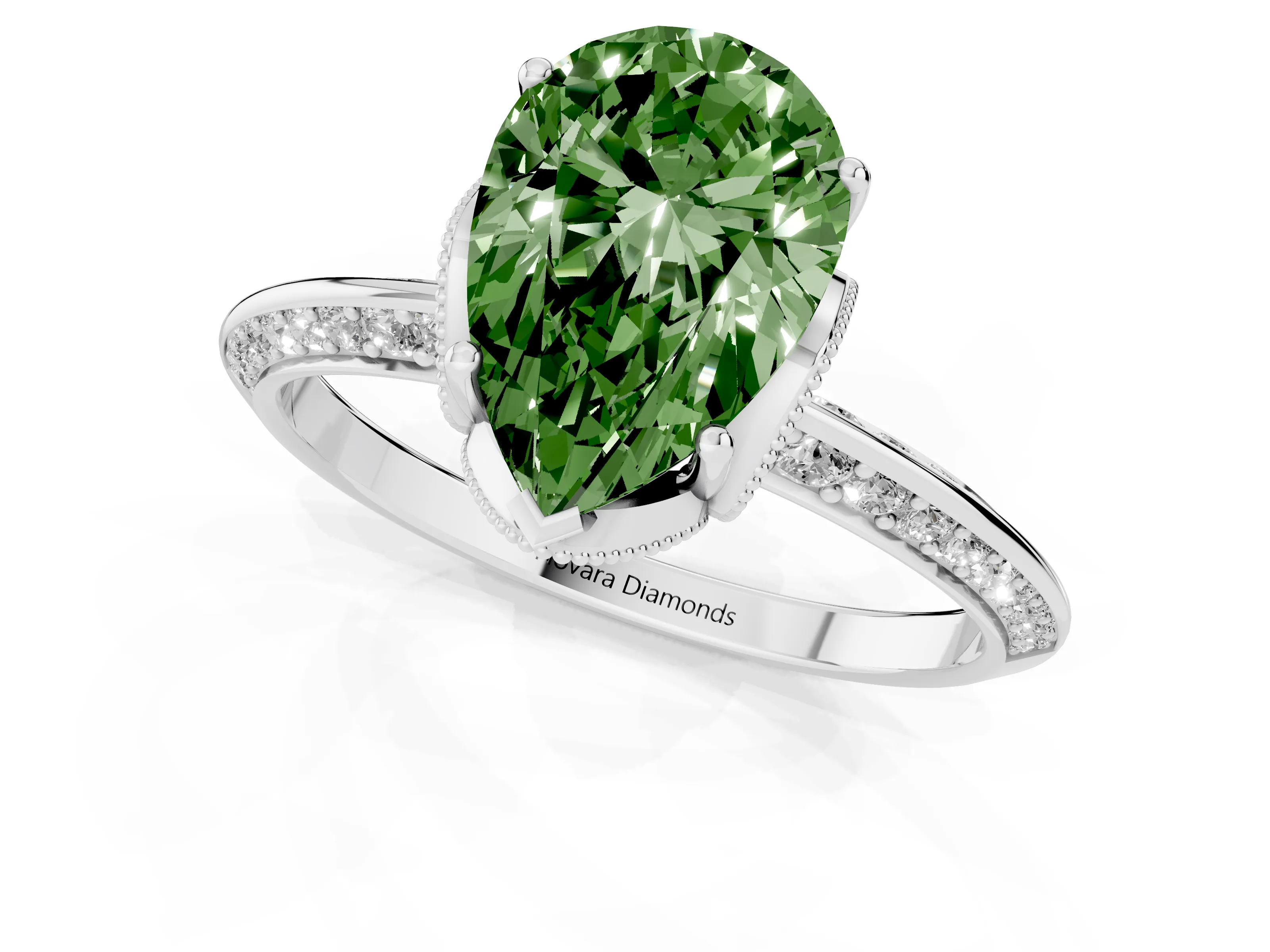Fancy Green Pear Cut Diamond Solitaire Engagement Ring Set in Silver with Pavé Split Shank and Prong Setting