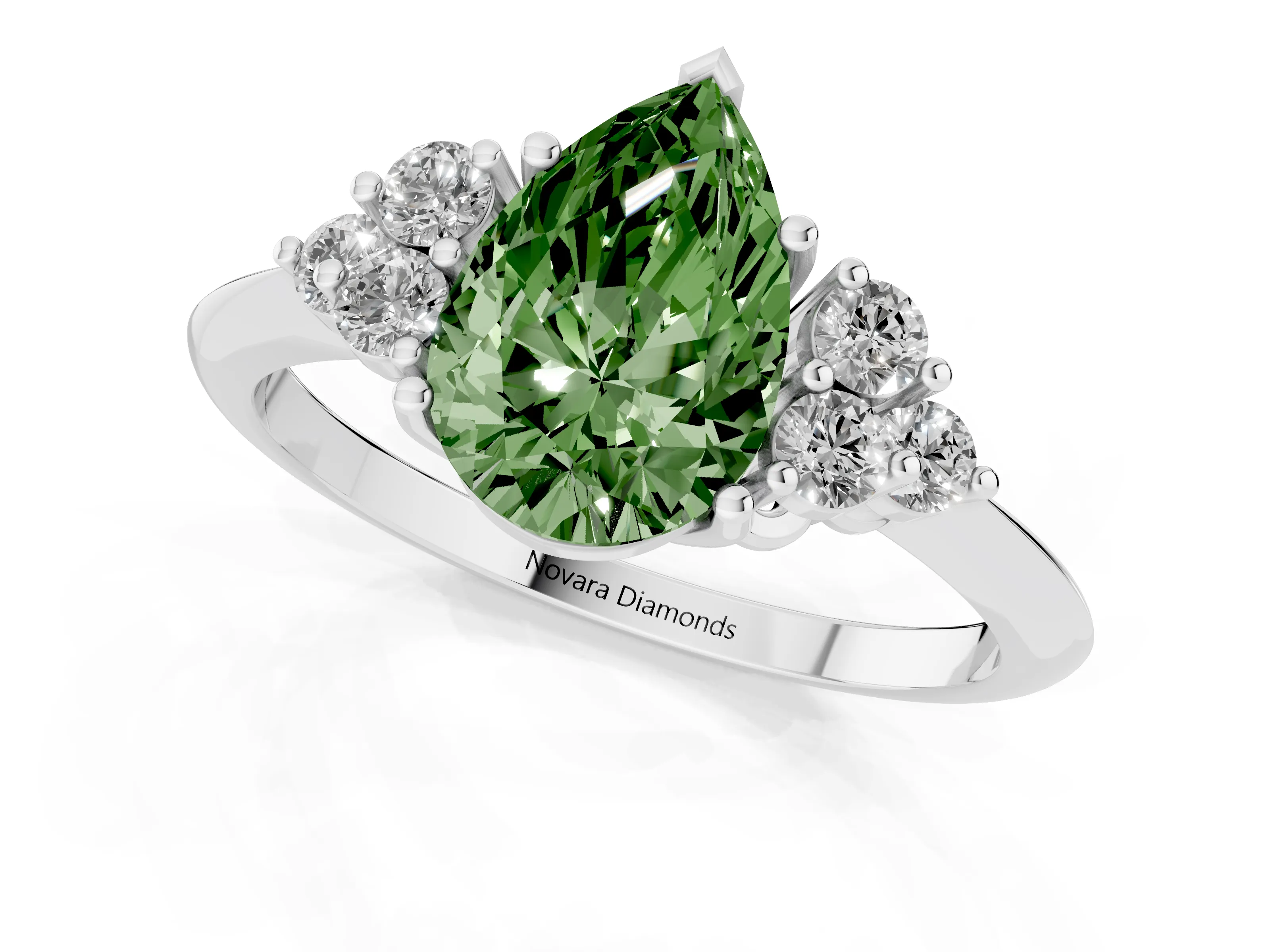 Fancy Green Pear Cut Diamond Cluster Ring Set in White gold with Plain Band and Prong Setting