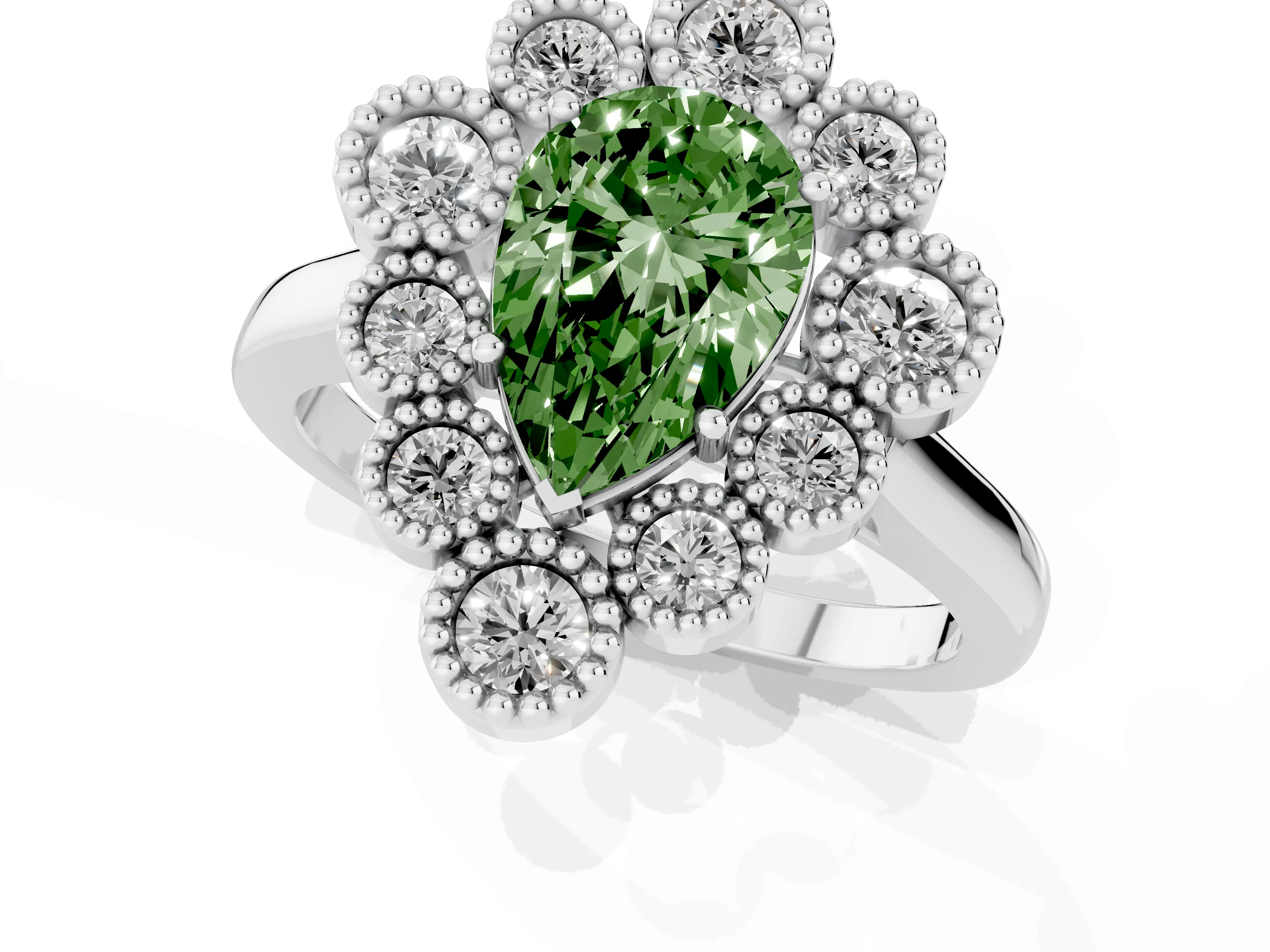 Fancy Green Pear Cut Diamond Cluster Halo Ring Set in White gold with Milgrain Bezel Accents and Plain Band