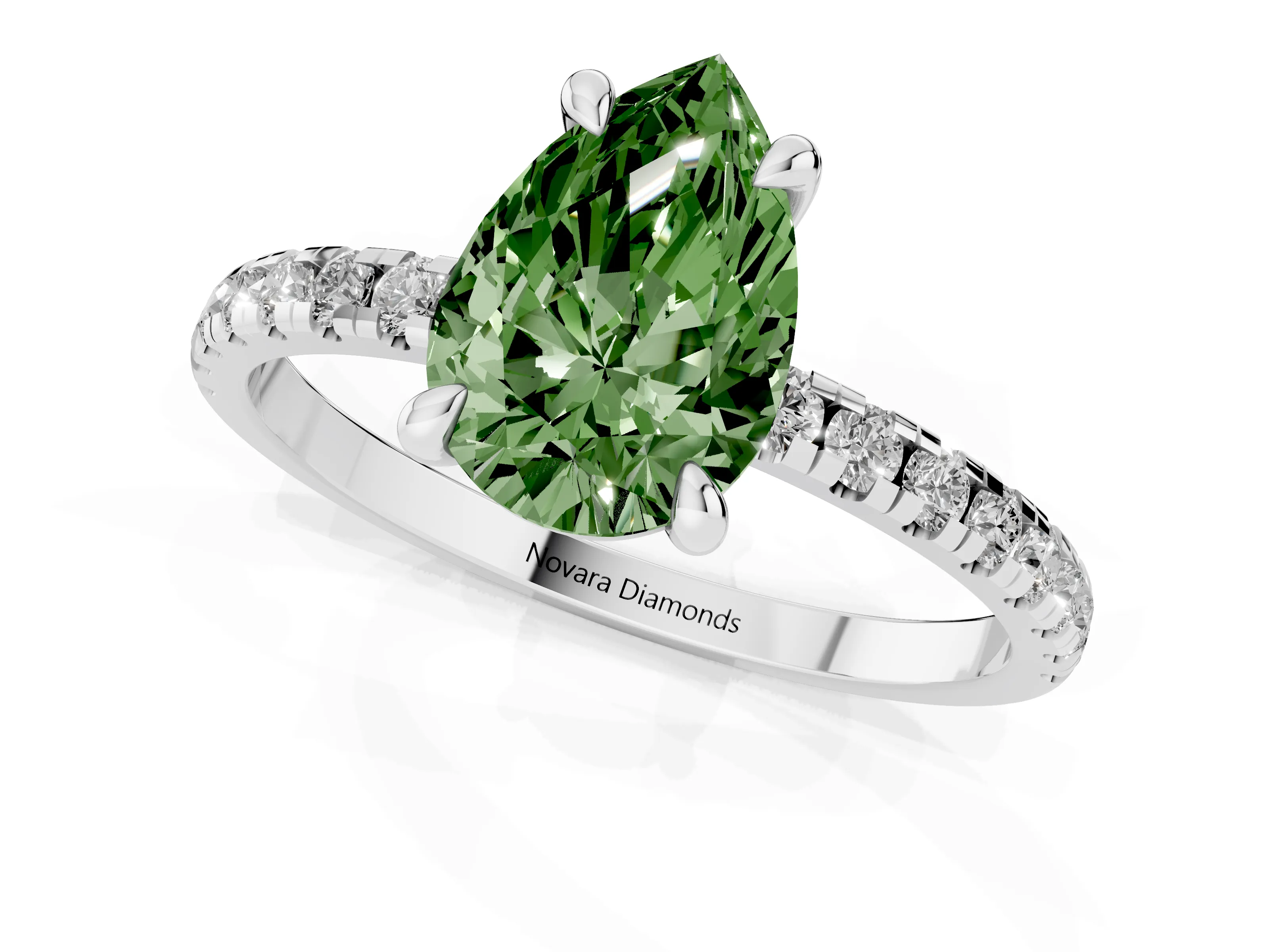 Fancy Green Pear Cut Diamond Brilliant Solitaire Ring Set in White gold with Pavé Band and Prong Setting