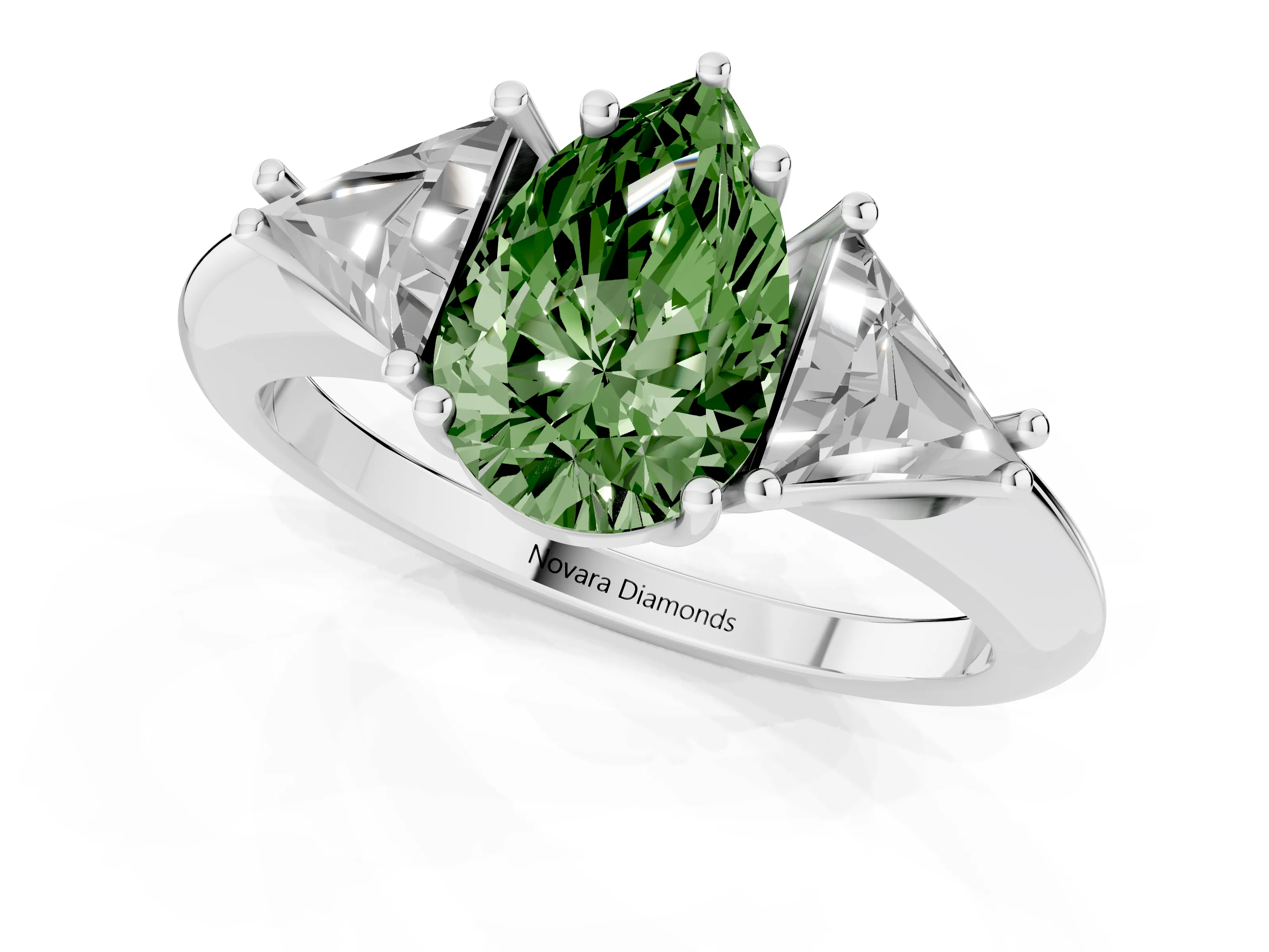 Fancy Green Pear Cut Diamond Three-Stone Engagement Ring Set in Silver with Trillion Side Stones