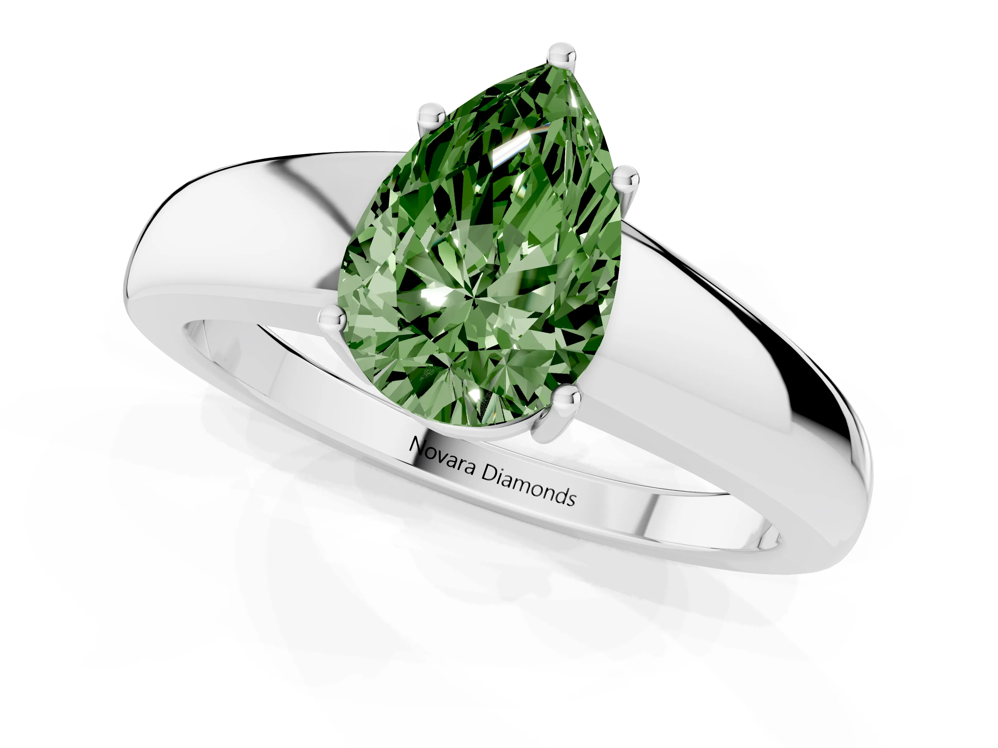Fancy Green Pear Cut Diamond Solitaire Ring Set in White gold with Tapered Band and Prong Setting