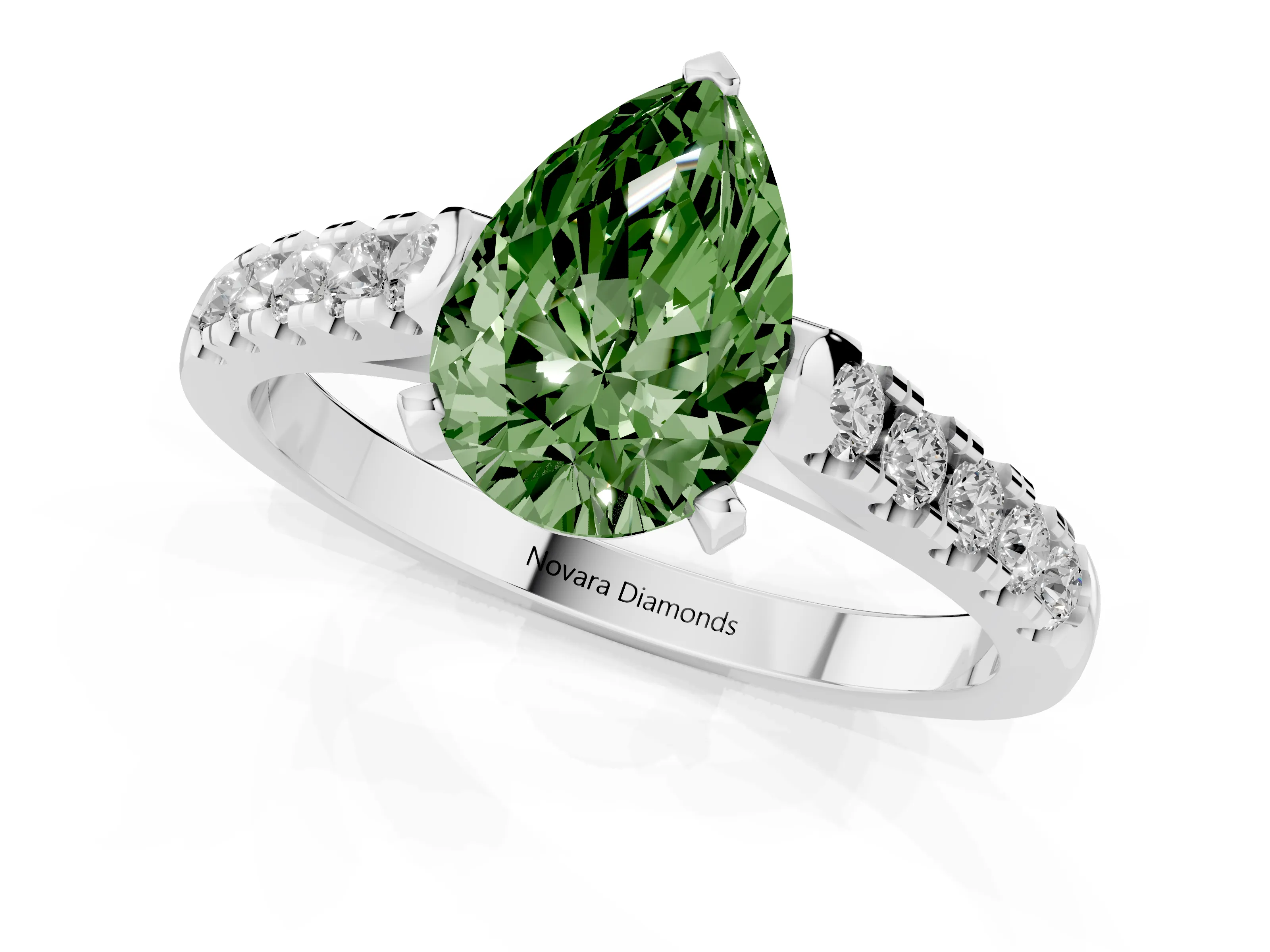 Fancy Green Pear Cut Diamond Pavé Band Solitaire Ring Set in White gold with Partway Accent Stones and Prong Setting