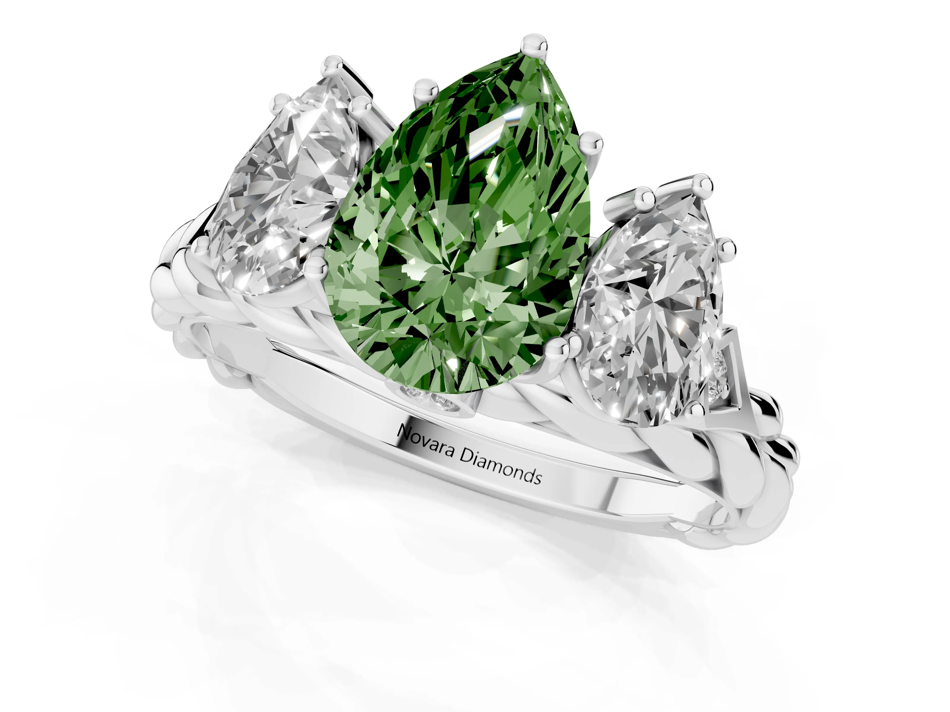 Fancy Green Pear Cut Diamond Three-Stone Ring Set in Platinum with Braided Band