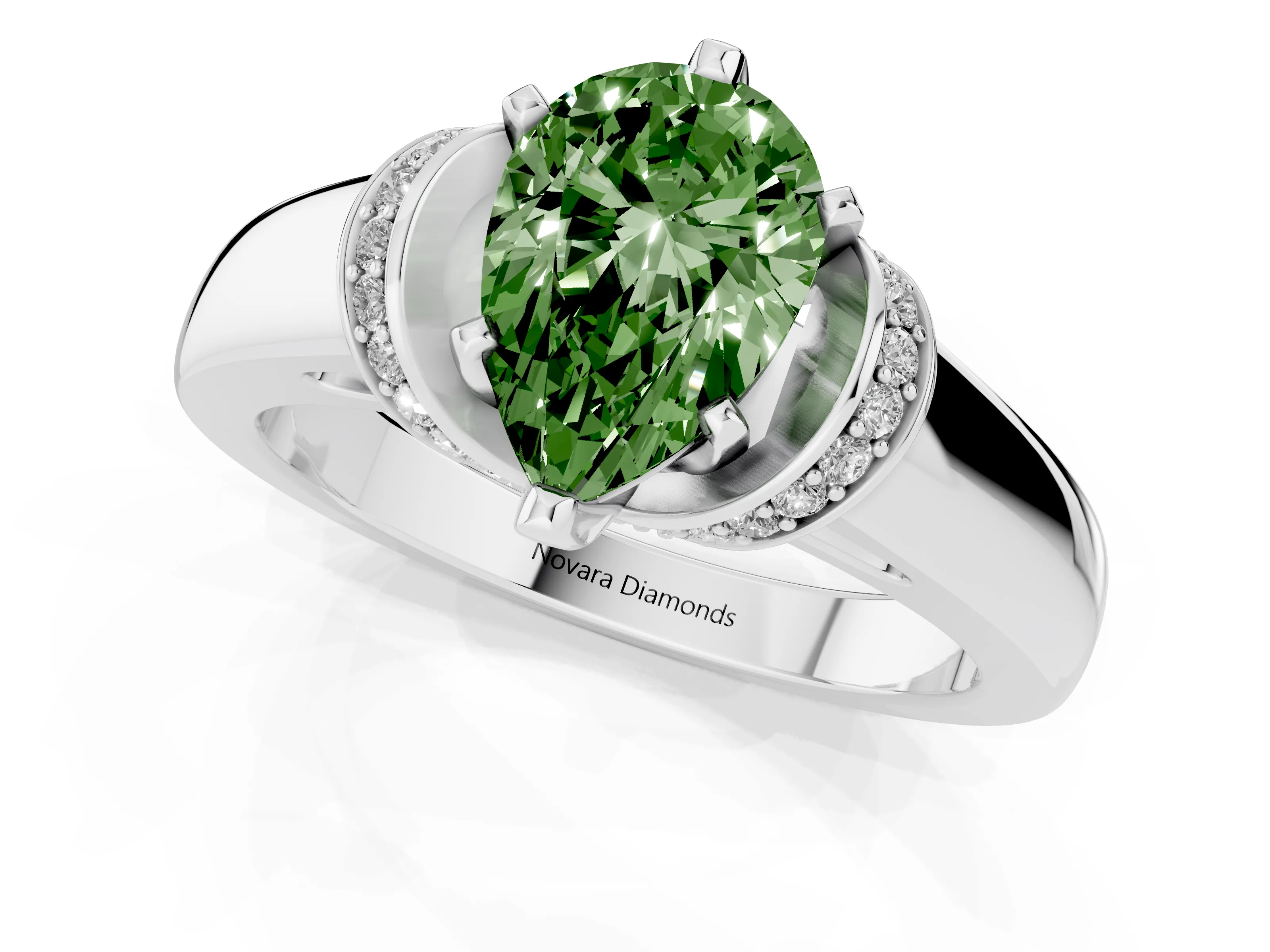 Fancy Green Pear Cut Diamond Pavé Band Solitaire Ring Set in Platinum with Prong Setting
