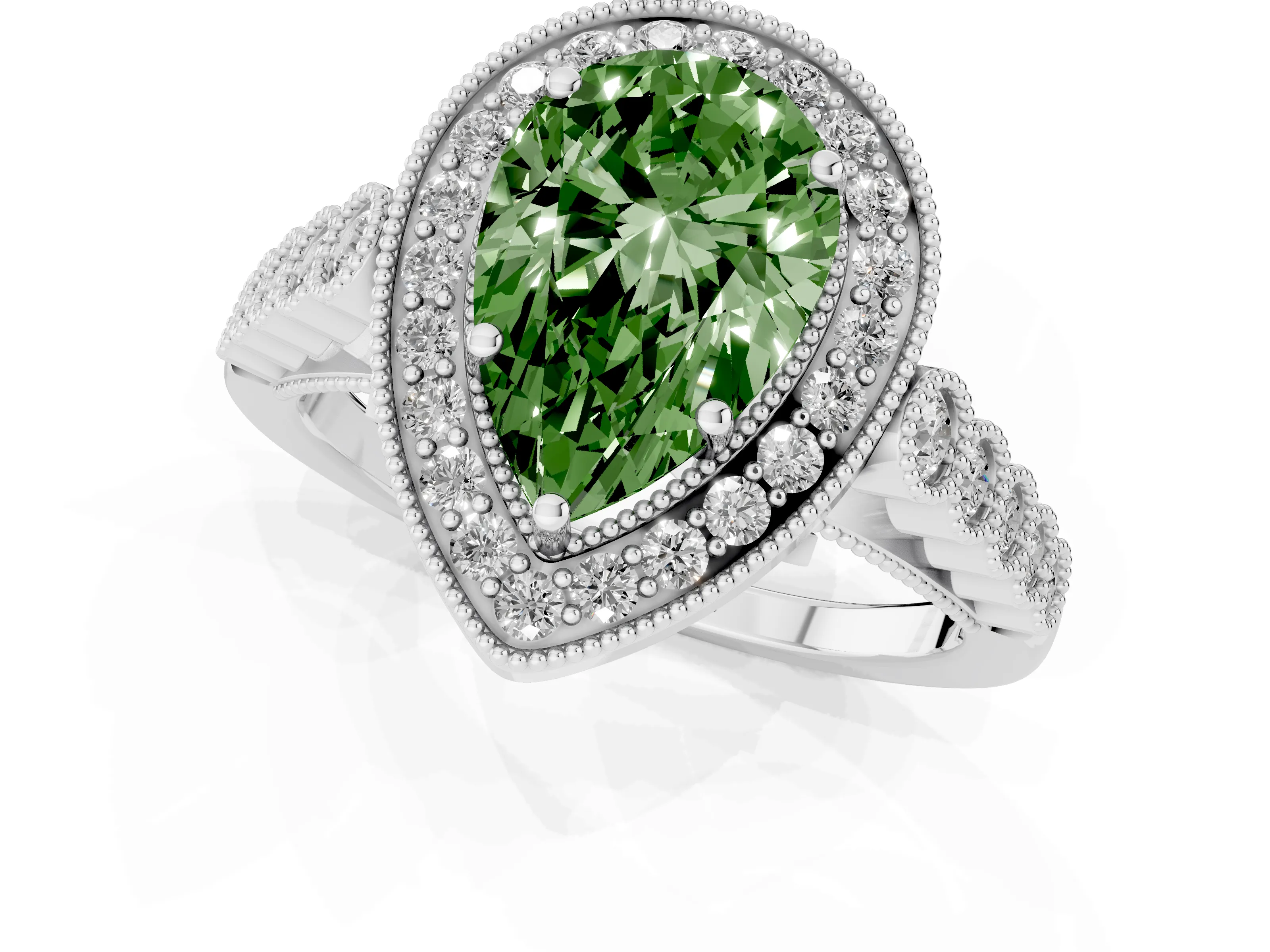 Fancy Green Pear Cut Diamond Milgrain Halo Solitaire Ring Set in Silver with Bezel Set Side Stones and Pavé Band