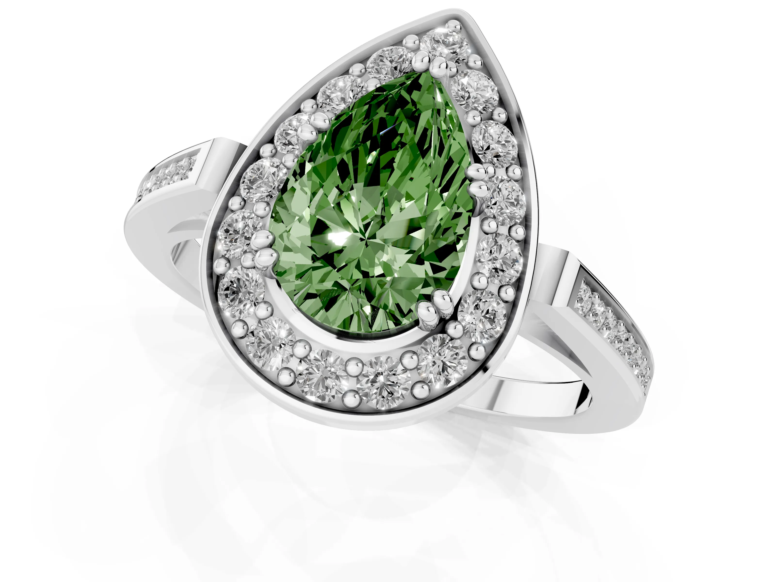 Fancy Green Pear Cut Diamond Halo Ring Set in Silver with Accent-Lined Split Shank and Prong Setting