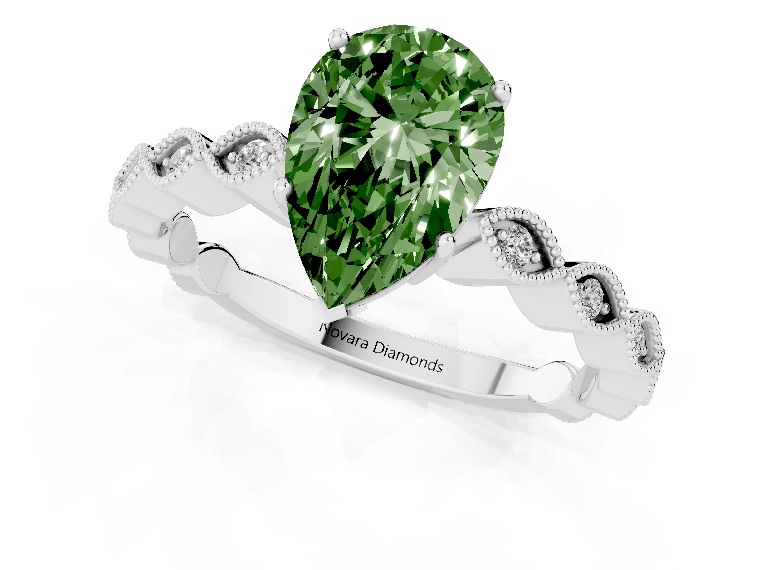 Fancy Green Pear Cut Diamond Solitaire Ring Set in Platinum with Infinity Twist Pavé Band