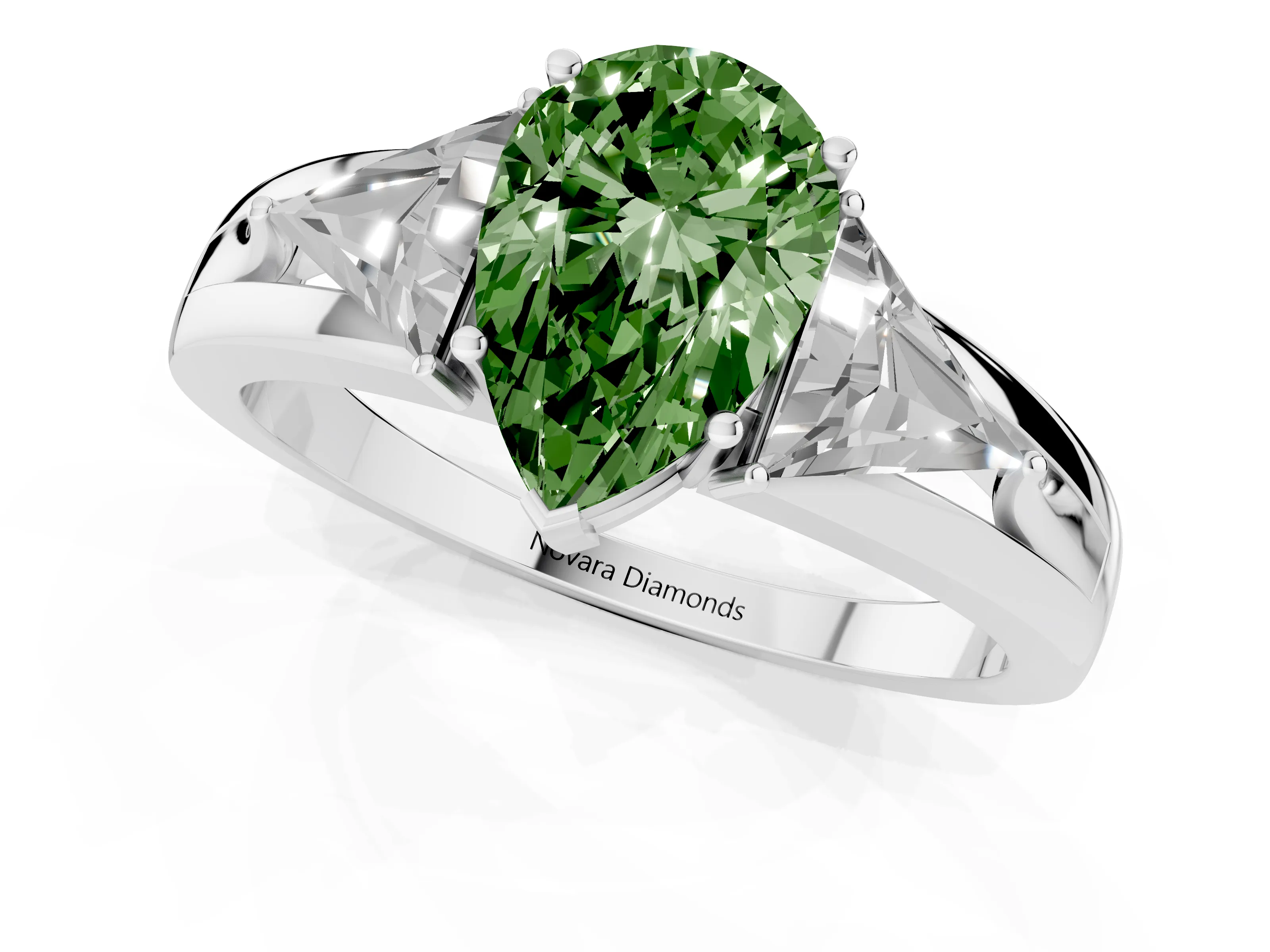 Fancy Green Pear Cut Diamond Three-Stone Ring Set in Silver with Trillion Side Stones and Split Shank