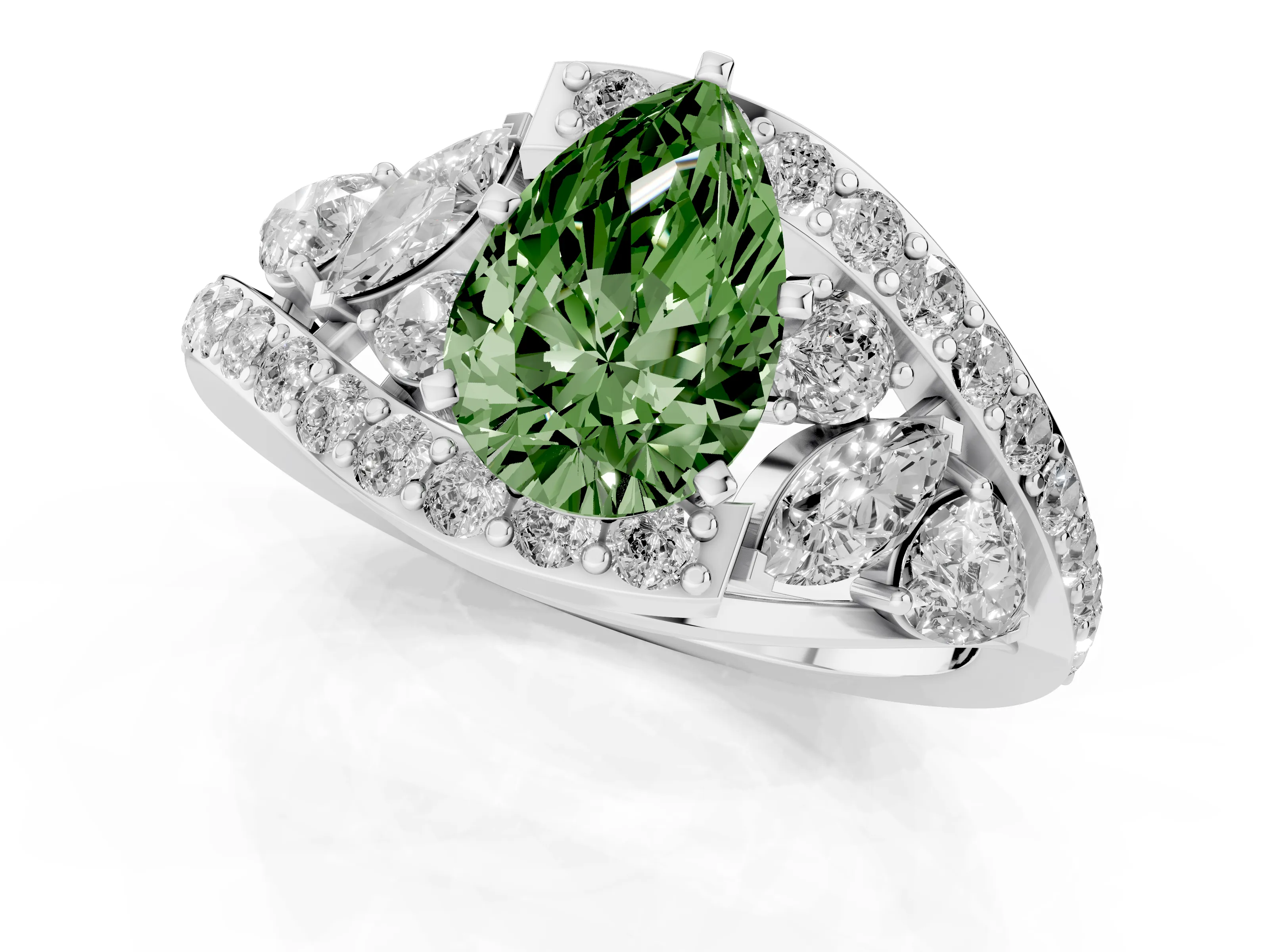 Fancy Green Pear Cut Diamond Halo Ring Set in Platinum with Marquise and Pavé Band in Prong Setting