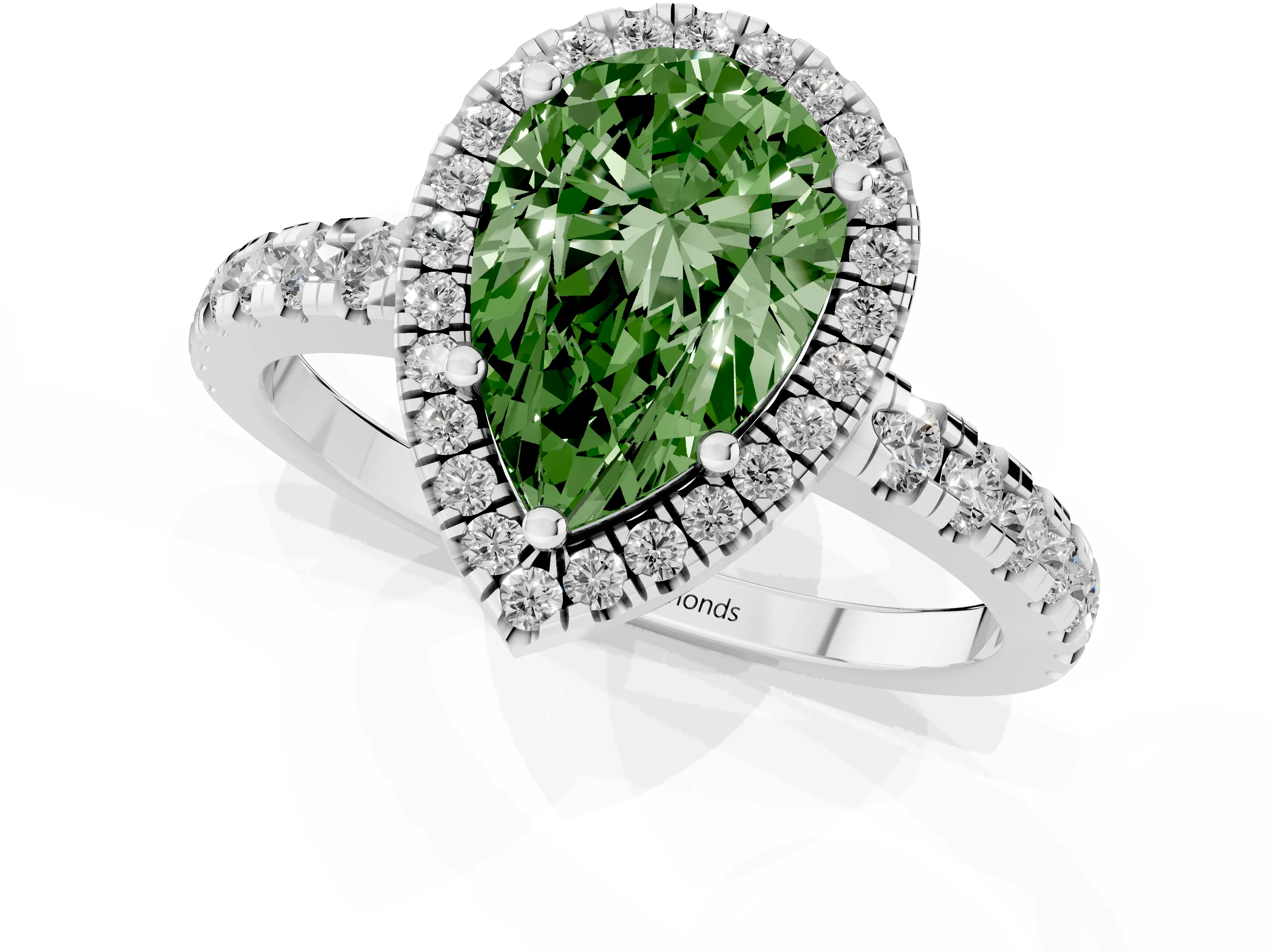 Fancy Green Pear Cut Diamond Halo Ring Set in Platinum with Delicate Pavé Band and Prong Setting