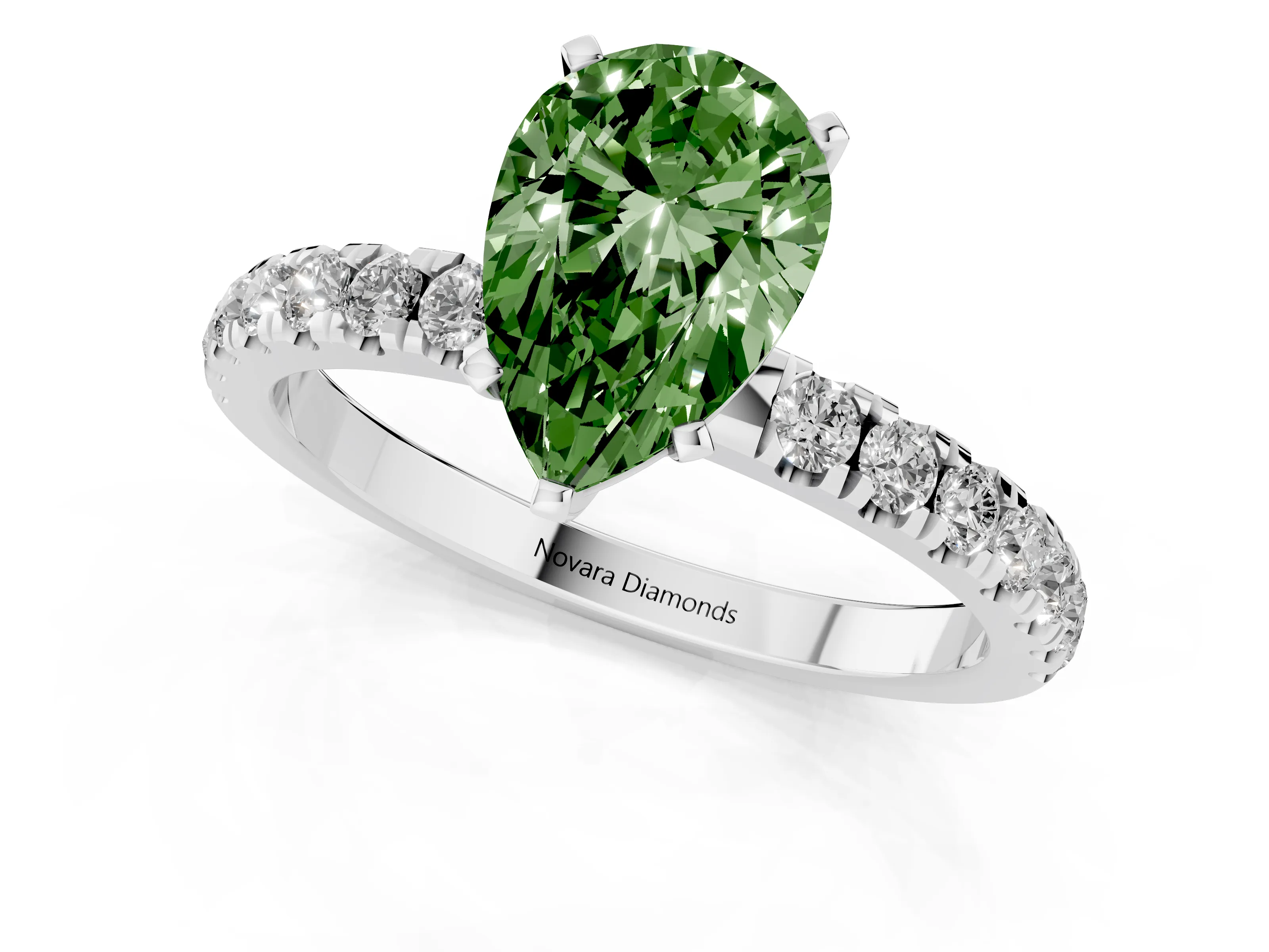Fancy Green Pear Cut Diamond Solitaire Ring Set in Platinum with Pavé Accents and Prong Setting