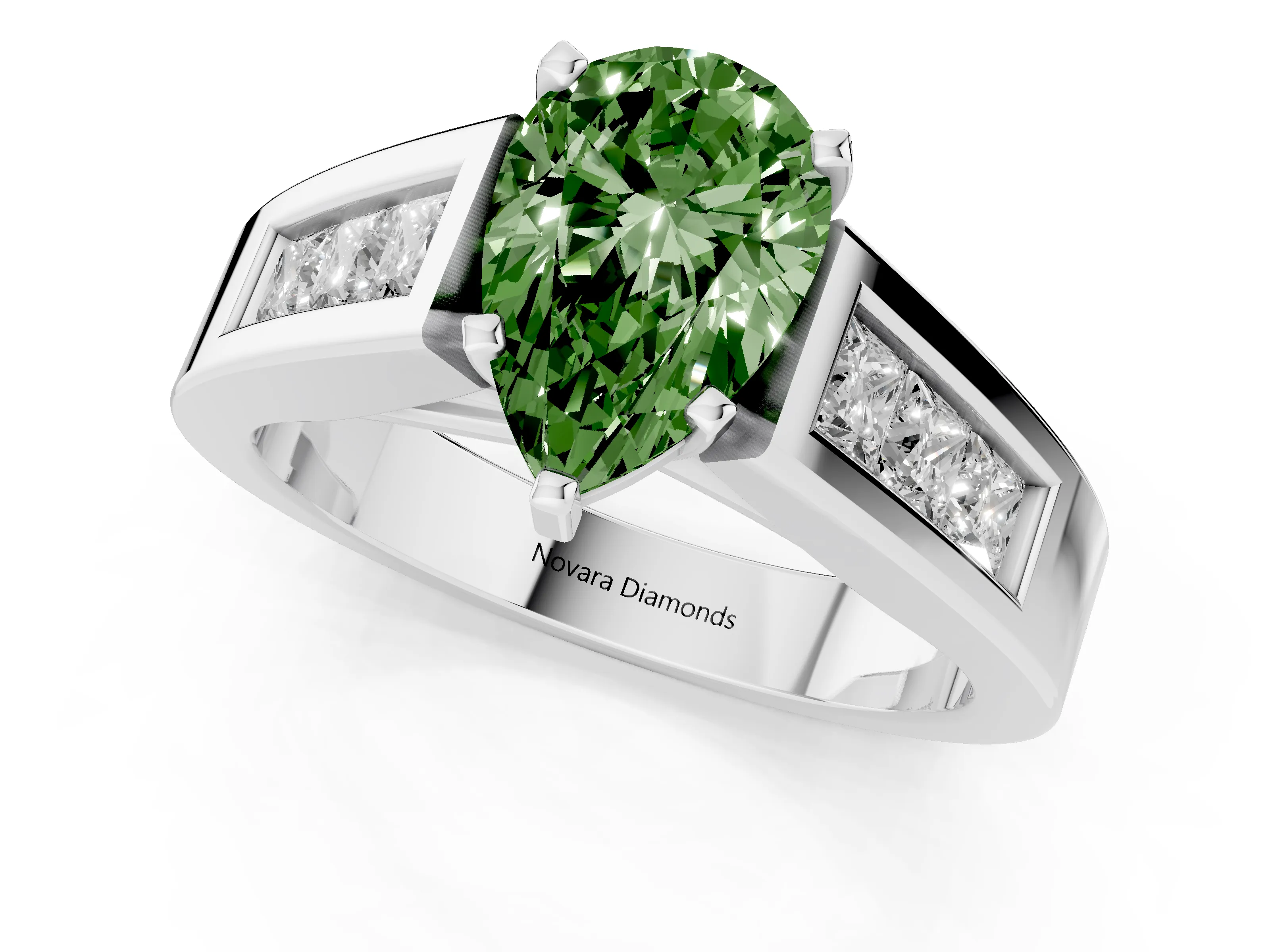 Fancy Green Pear Cut Diamond Solitaire Ring Set in Platinum with Channel-Set Accent Stones and Prong Setting