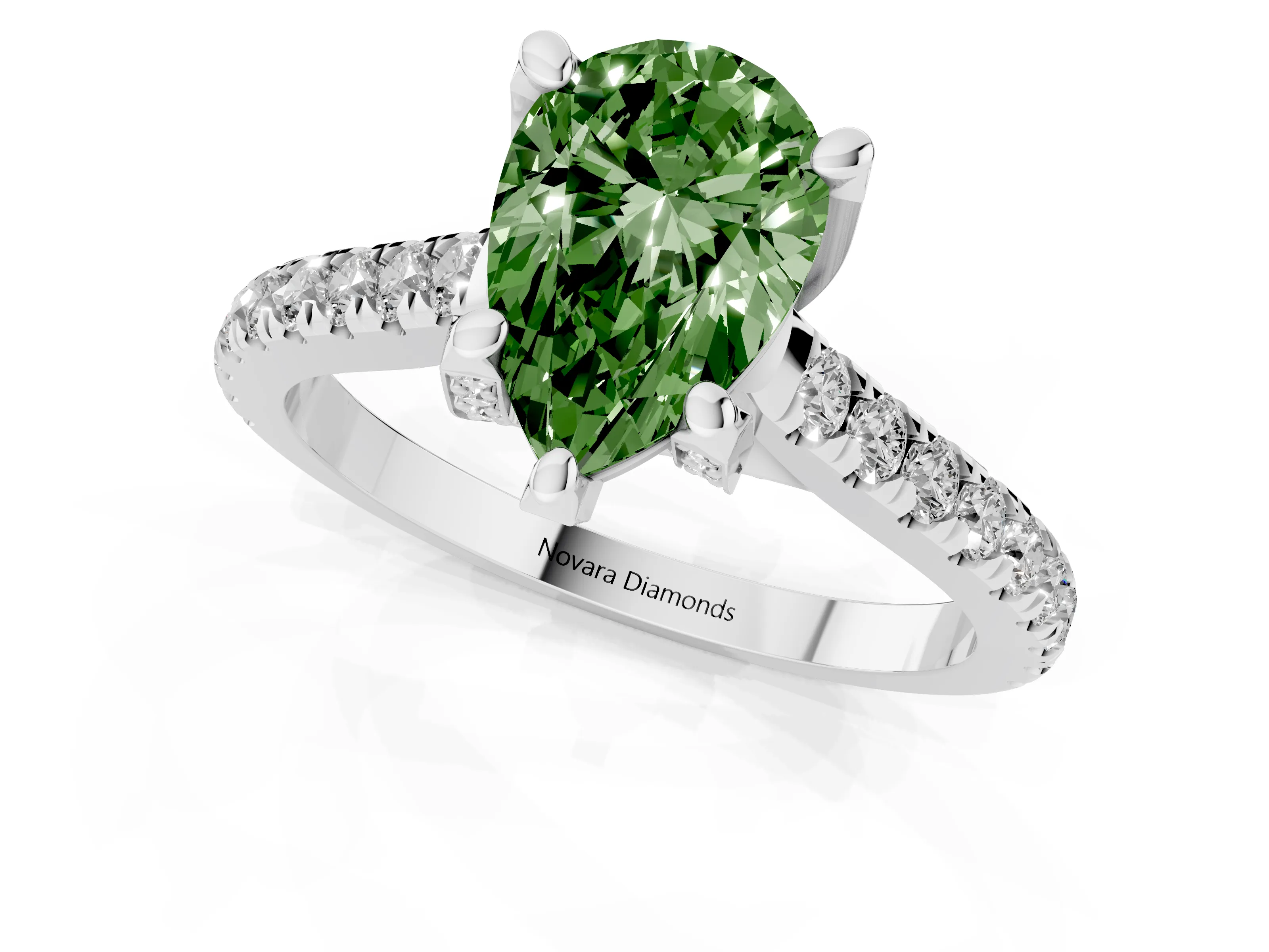 Fancy Green Pear Cut Diamond Solitaire Ring Set in Platinum with Brilliant Pavé Band and Prong Setting