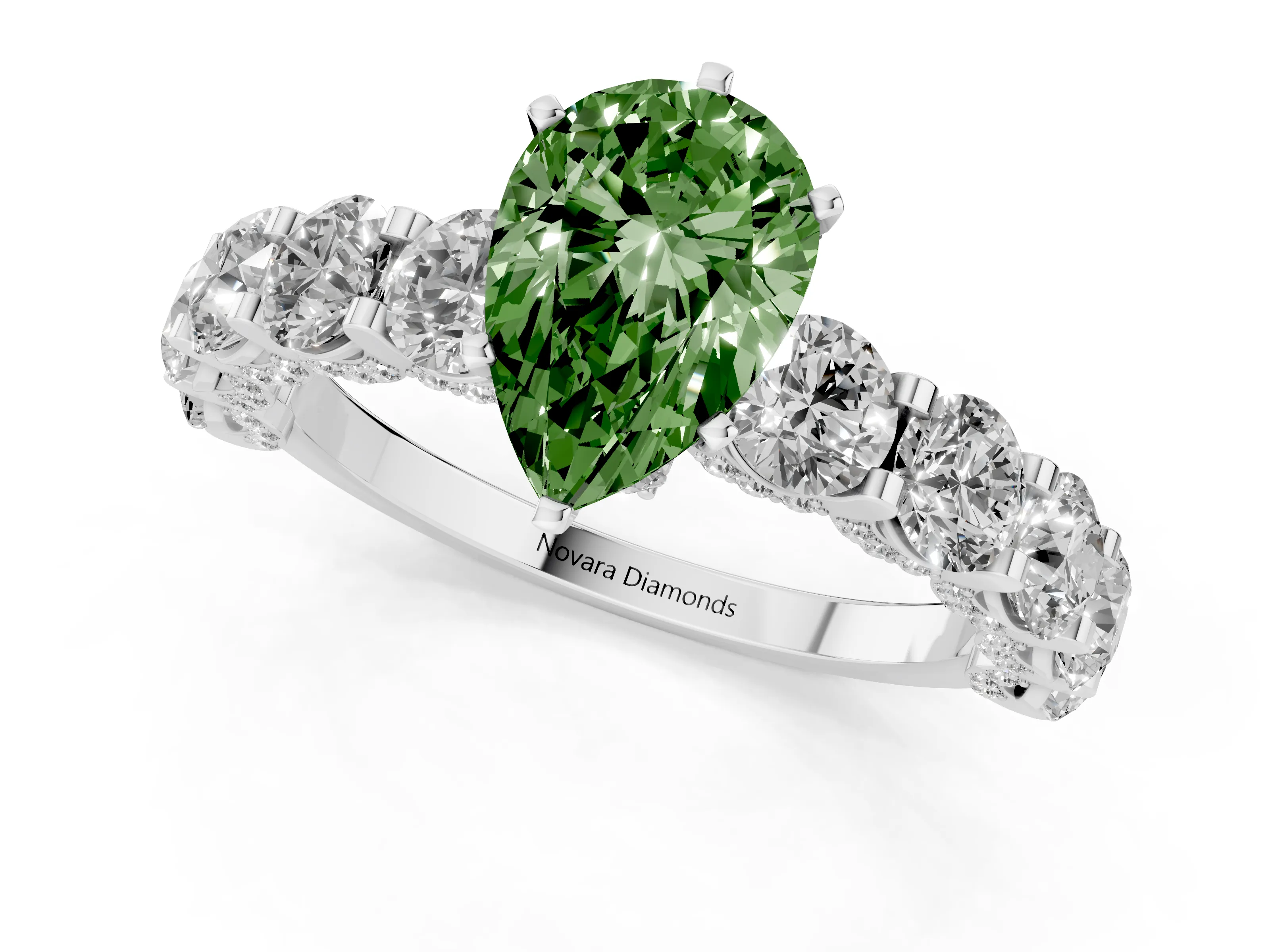 Fancy Green Pear Cut Diamond Side Stone Ring Set in Platinum with Alternating Round and Oval Side Stones