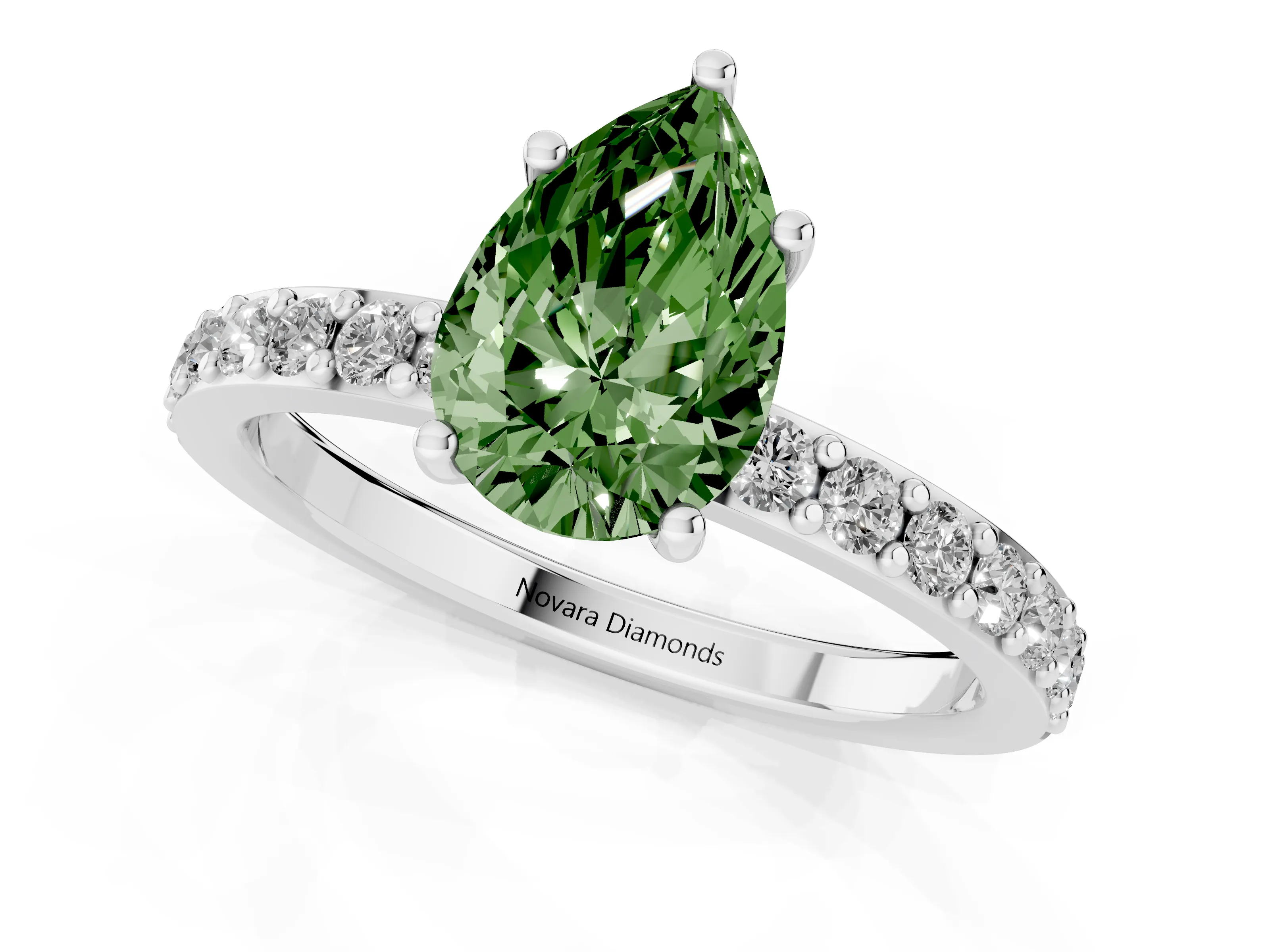 Fancy Green Pear Cut Diamond Solitaire Set in White gold with Round Pavé Band and Prong Setting