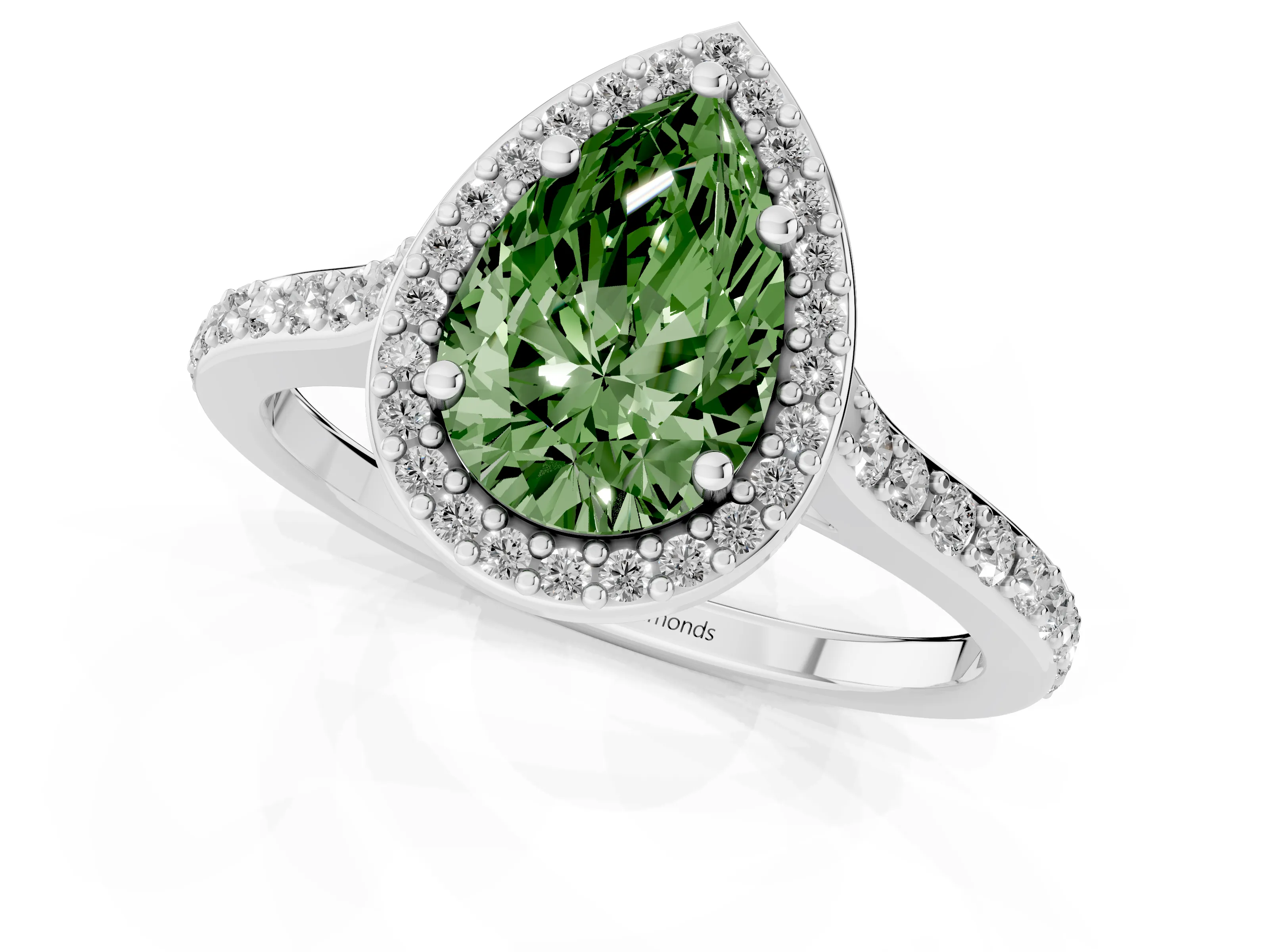 Fancy Green Pear Cut Diamond Halo Engagement Ring Set in Platinum with Round Pavé Shoulders and Heart Gallery – second view