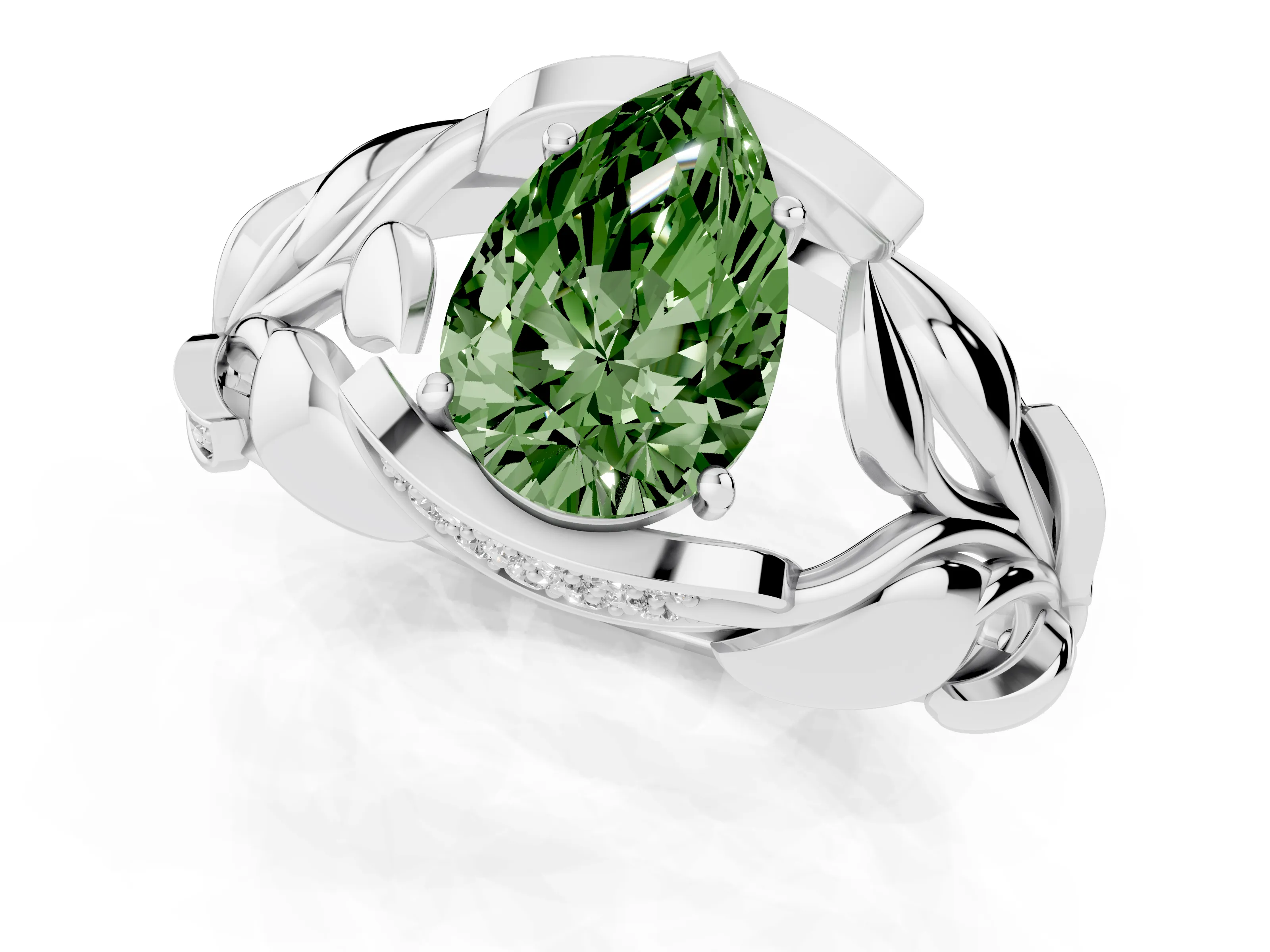 Fancy Green Pear Cut Diamond Leaf-Inspired Engagement Ring Set in Platinum with Round Accents – second view